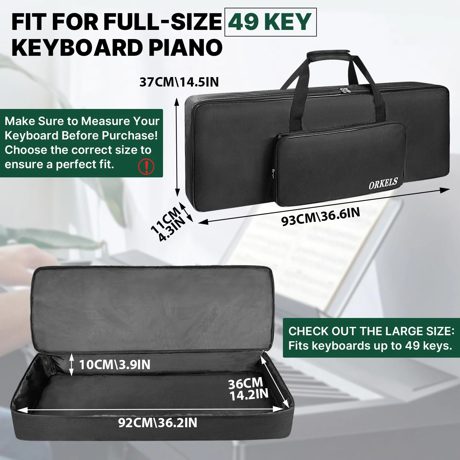 ORKELS Piano Keyboard Case, 10mm Pearl Cotton Full Padded Electric Piano Keyboard Gig Bag, with Handles, Adjustable Shoulder Straps, and Large Accessory Pocket (FOR-49-KEY KEYBOARD PIANO) FOR-49-KEY KEYBOARD PIANO - Image 8