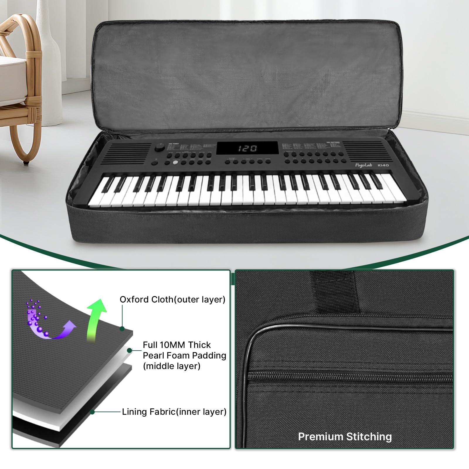 ORKELS Piano Keyboard Case, 10mm Pearl Cotton Full Padded Electric Piano Keyboard Gig Bag, with Handles, Adjustable Shoulder Straps, and Large Accessory Pocket (FOR-49-KEY KEYBOARD PIANO) FOR-49-KEY KEYBOARD PIANO - Image 9