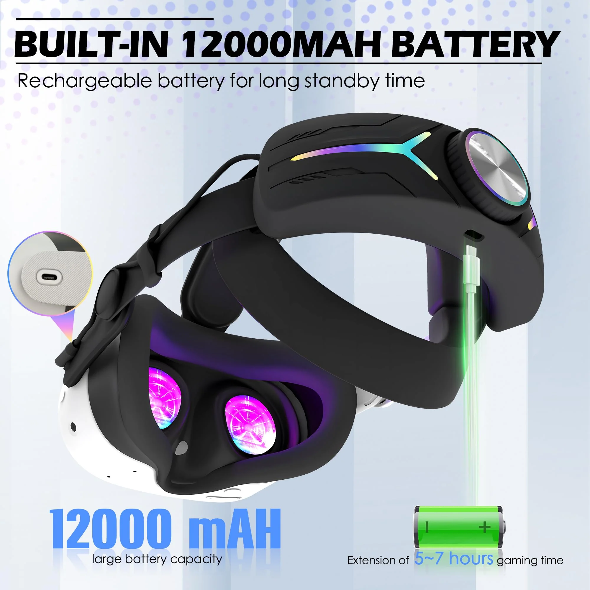 Orzero Upgraded 12000mah Battery Head Strap Compatible for Quest 3S, 9V 2A PD Fast Charging Extended Gaming Time with RGB Light Exclusively Designed Accessories for Quest 3s - Black - Image 3
