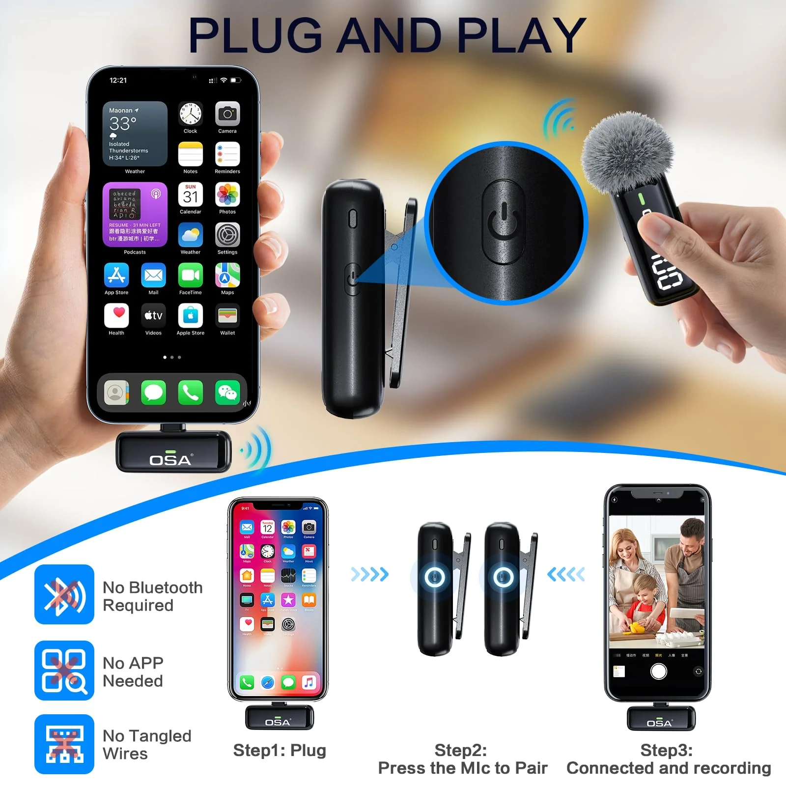 OSA 2Pcs Wireless Lavalier Microphone for iPhone iPad with Charging Charging Case and Transmitter Digital Display, 30H Clip on Lapel Microphone Wireless for Video Recording Lighning - Image 4
