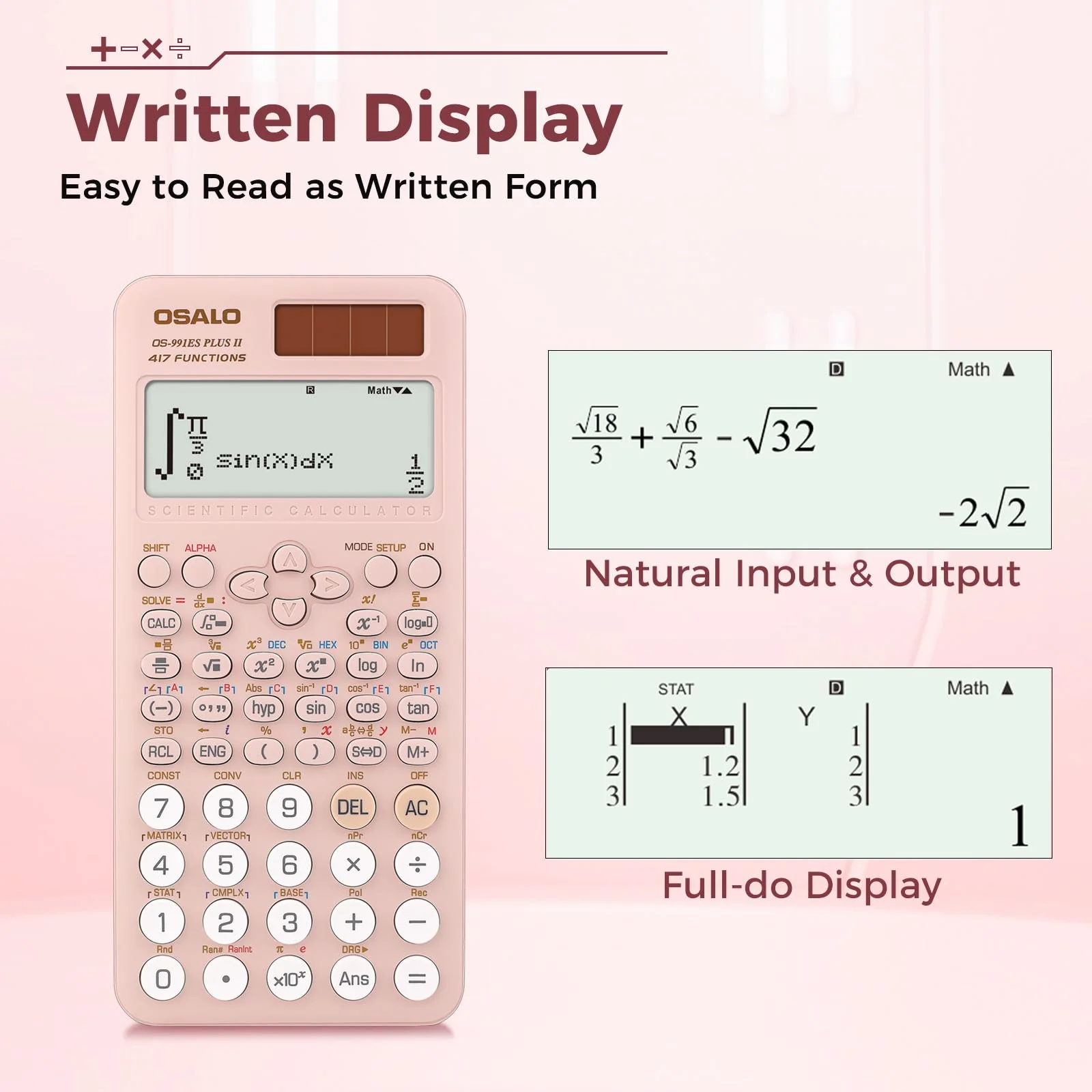 OSALO Scientific Calculator 417 Function 2 Line Written Display 10+2 Digits Solar and Battery Calculators for Students Secondary School College Pink (OS 991ES II) OS-991ES PLUS-2-Pink-US - Image 2