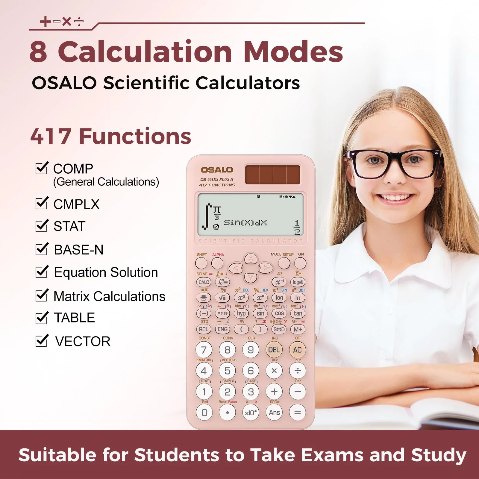 OSALO Scientific Calculator 417 Function 2 Line Written Display 10+2 Digits Solar and Battery Calculators for Students Secondary School College Pink (OS 991ES II) OS-991ES PLUS-2-Pink-US - Image 3