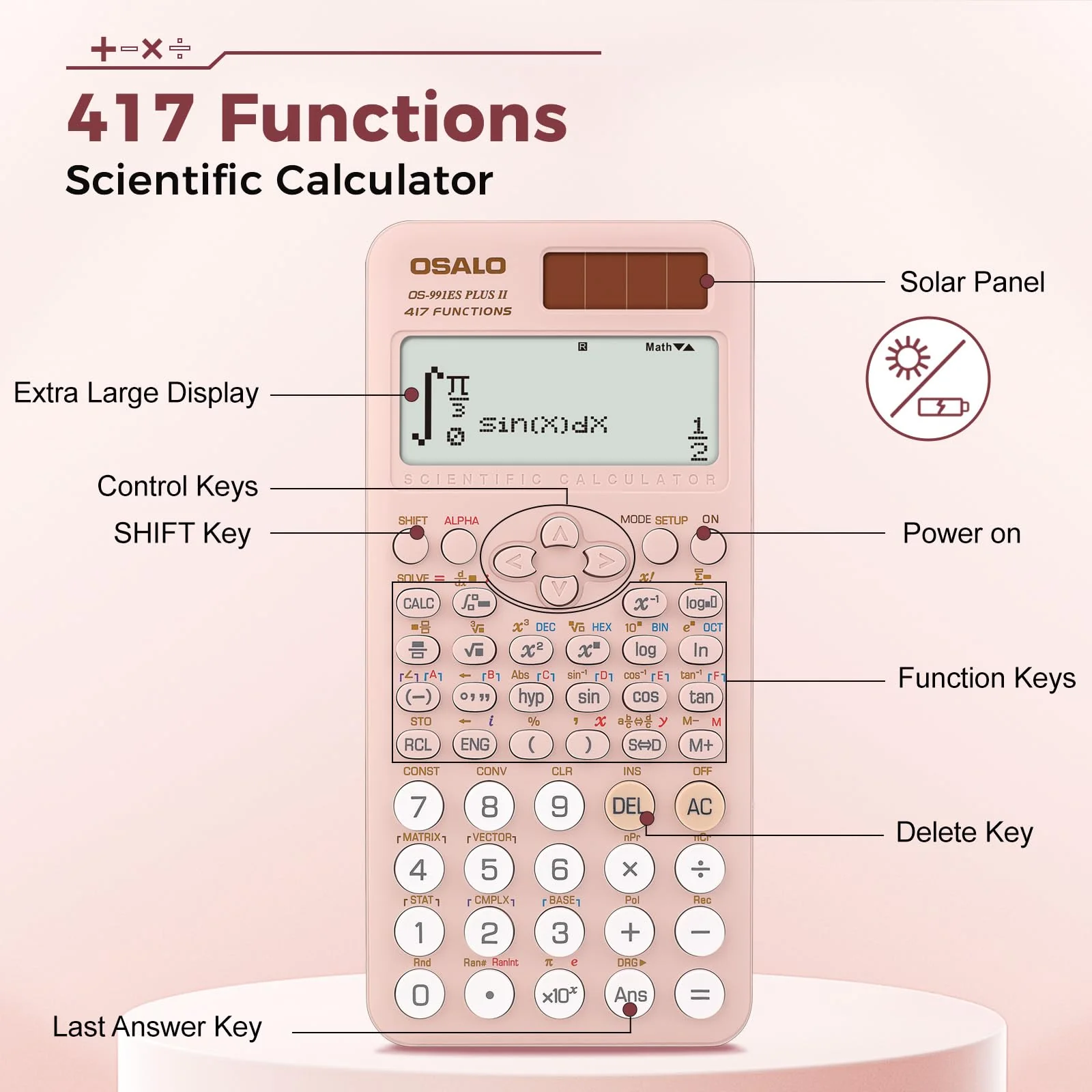 OSALO Scientific Calculator 417 Function 2 Line Written Display 10+2 Digits Solar and Battery Calculators for Students Secondary School College Pink (OS 991ES II) OS-991ES PLUS-2-Pink-US - Image 5
