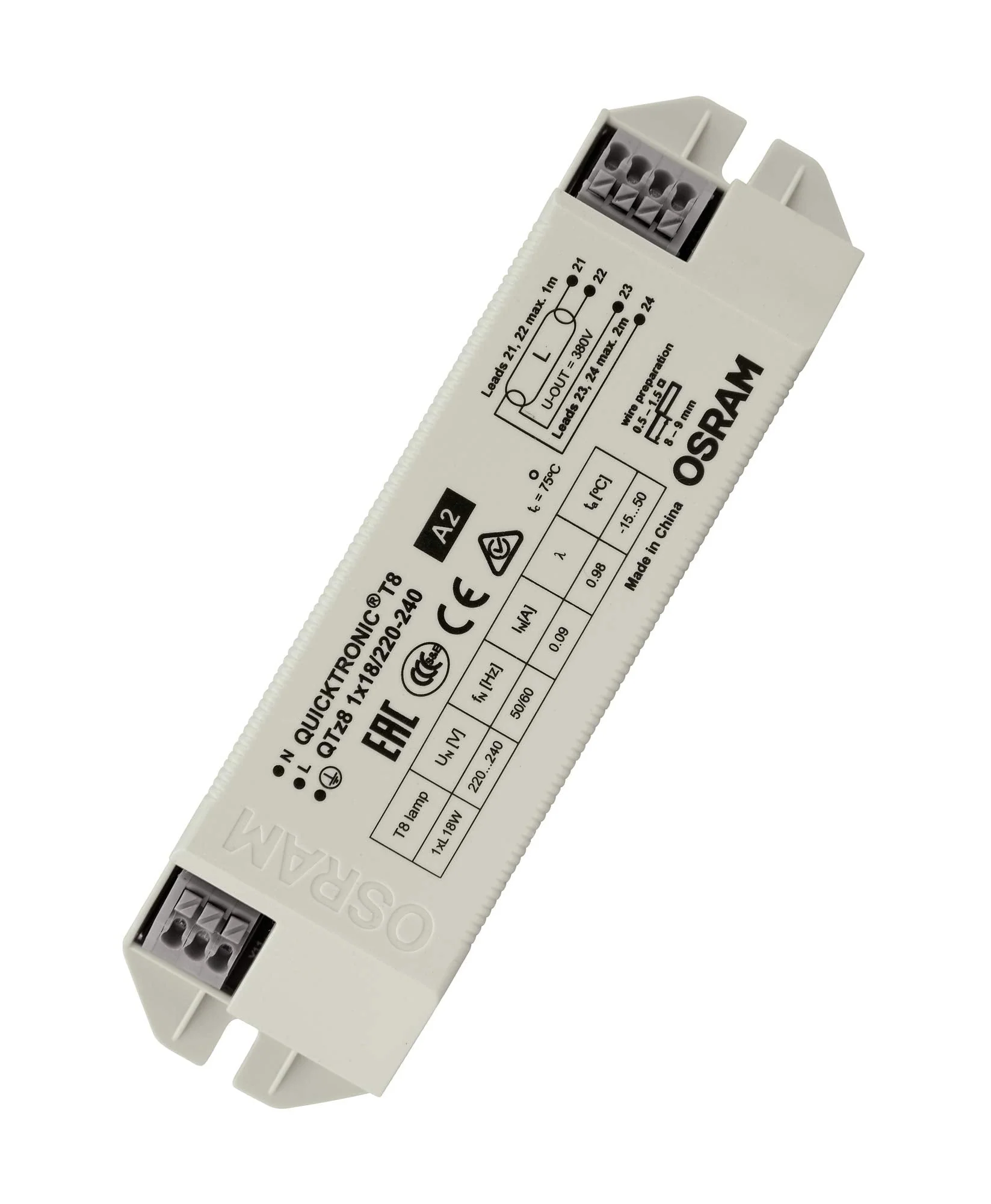 OSRAM Electronic Ballast (ECG), QUICKTRONIC QTz8, EVG LL/KLL Non-DIM, QTZ8 1X18/220-240, White