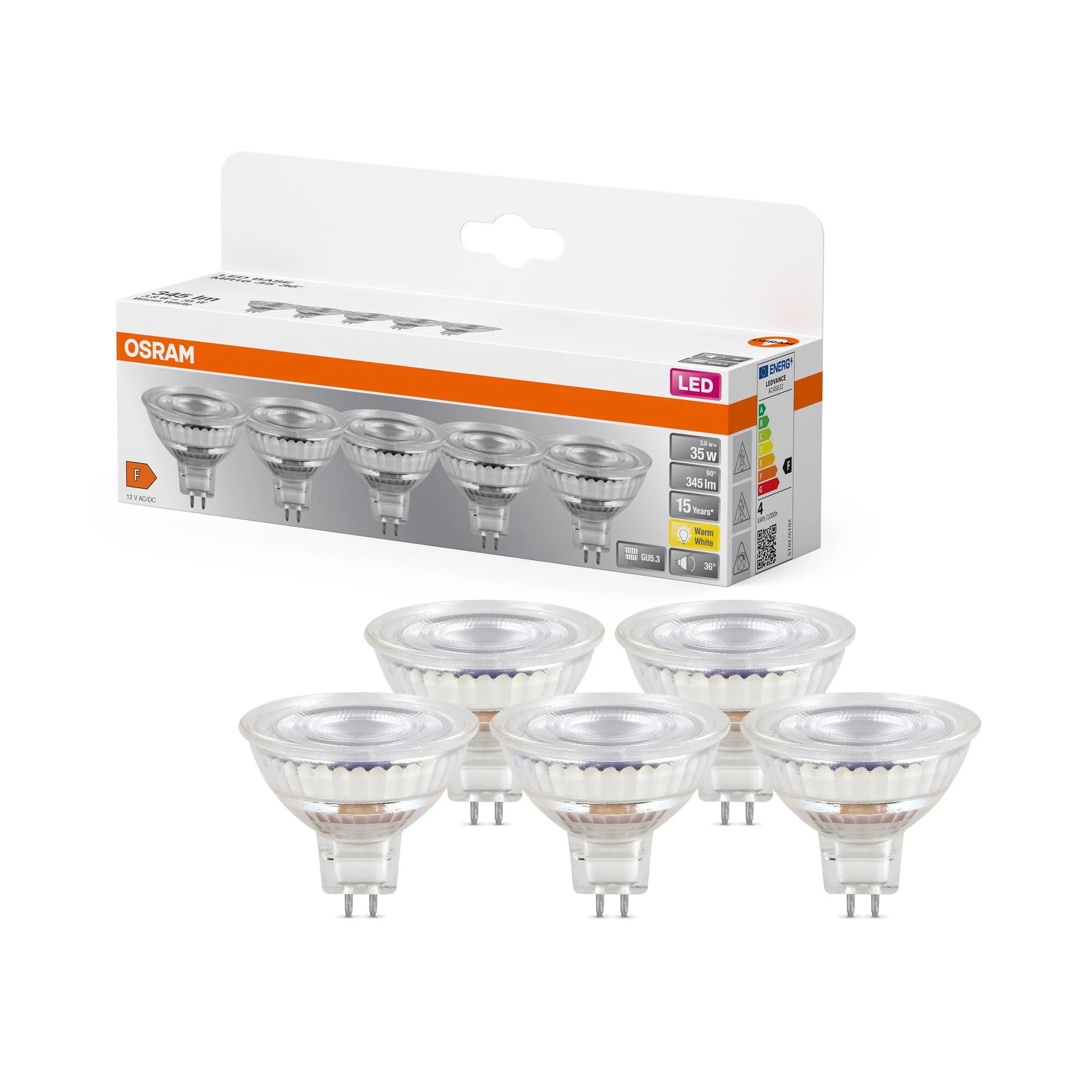 OSRAM LED Base MR16, Value Pack with 5 Low Voltage Bulbs, Replaces Conventional 35 W Reflector Bulbs, Warm White (2700 K), 3.8 W, GU5.3 Socket, Matte Glass, Not Dimmable 2700k Warm White 5 Stück 35W Replacement 36° beam angle