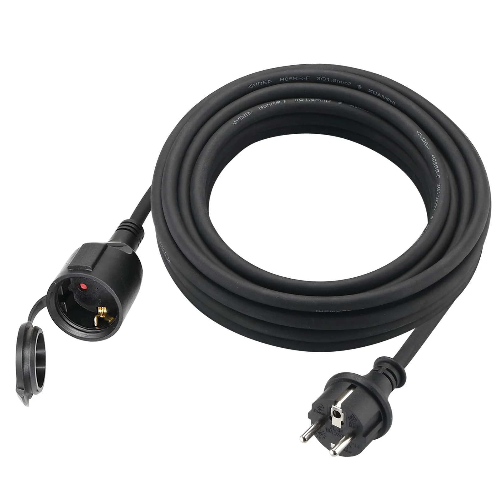 Outdoor Extension Cable 2 m for Outdoor Use, Rubber Extension Power Cable with Schuko Plug, IP44 Extension Cable, 3G 1.5 mm² Cable, Outdoor Electric Cable, with Protective Cap, 3500 W, Black