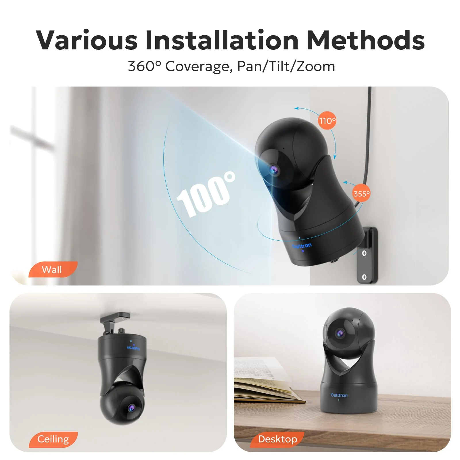 owltron Indoor Security Camera 2K, 360 Camera for Home Security with Motion Detection, Baby Monitor Camera with Phone App, 2.4G WIFI Camera with Night Vision & 2-Way Audio, Works with Alexa 1 Pack-2.4GHz Black - Image 6