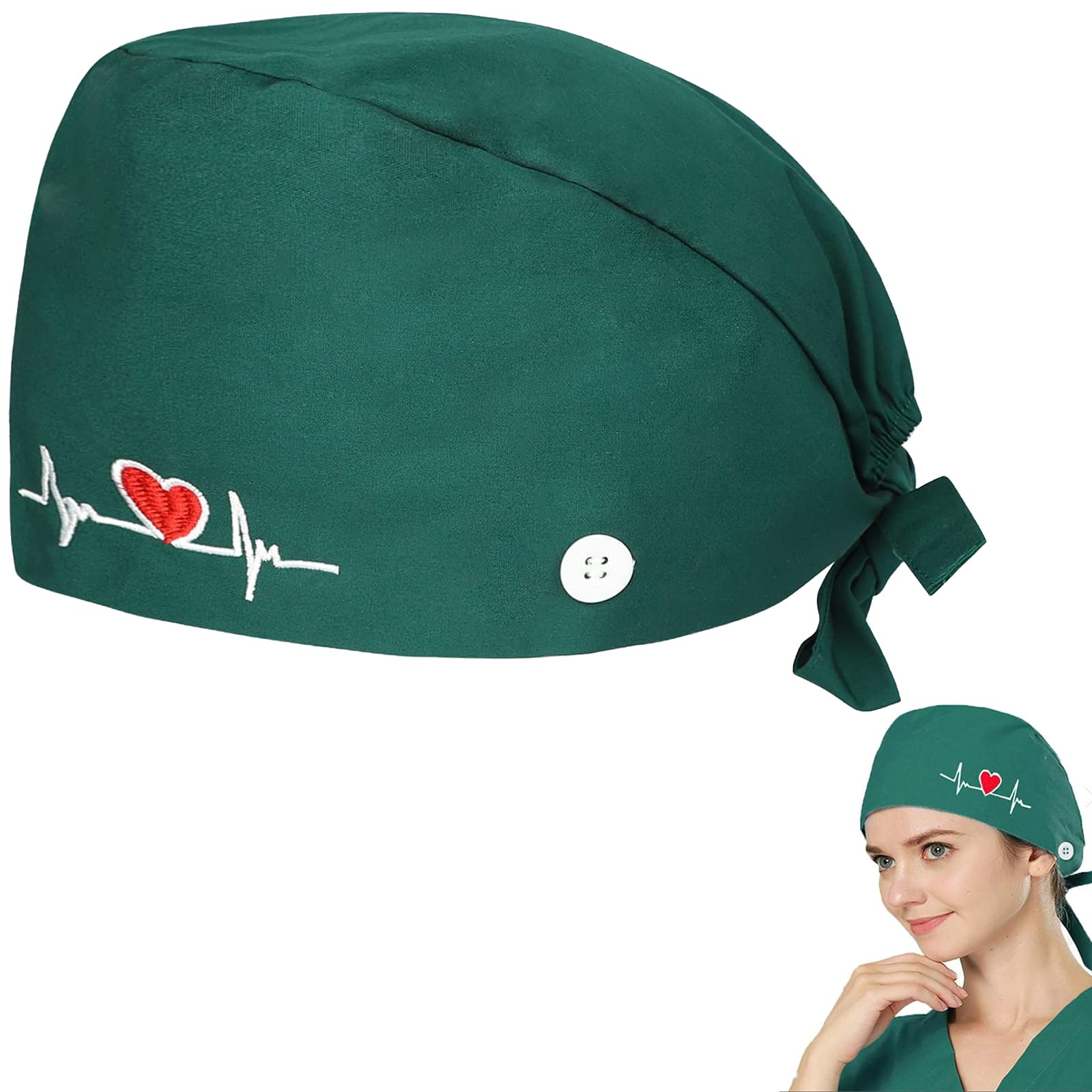 Ozmw 1 x Surgical Cap, Nurse Cap, Adjustable, with Button, Work Cap, 100% Cotton (EKG Pattern)