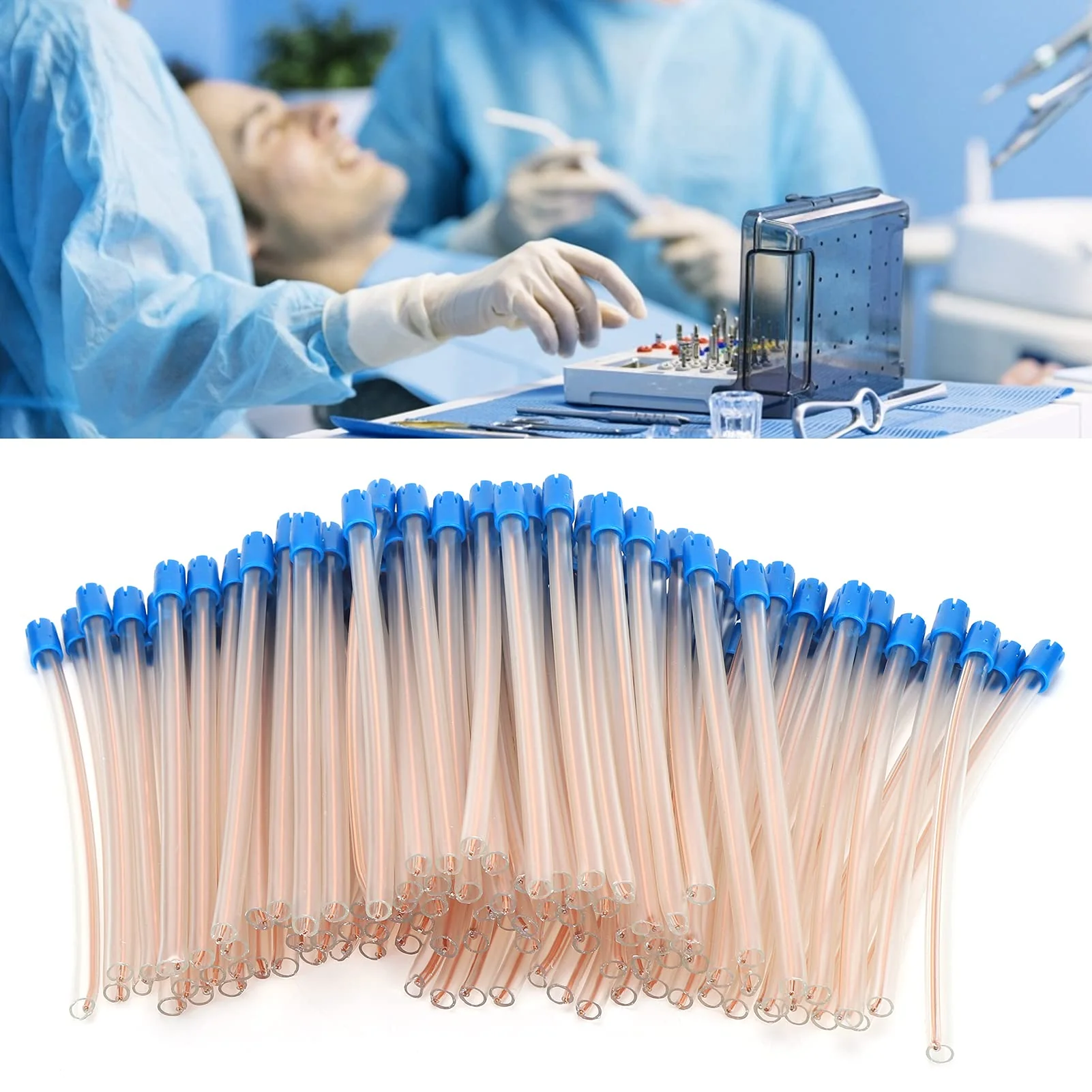 Pack of 100 Disposable Saliva Straws, Oral Care Sticks, Latex-Free Suction Tips, Flexible Transparent Tube with Blue Tips, Oral Care Accessories