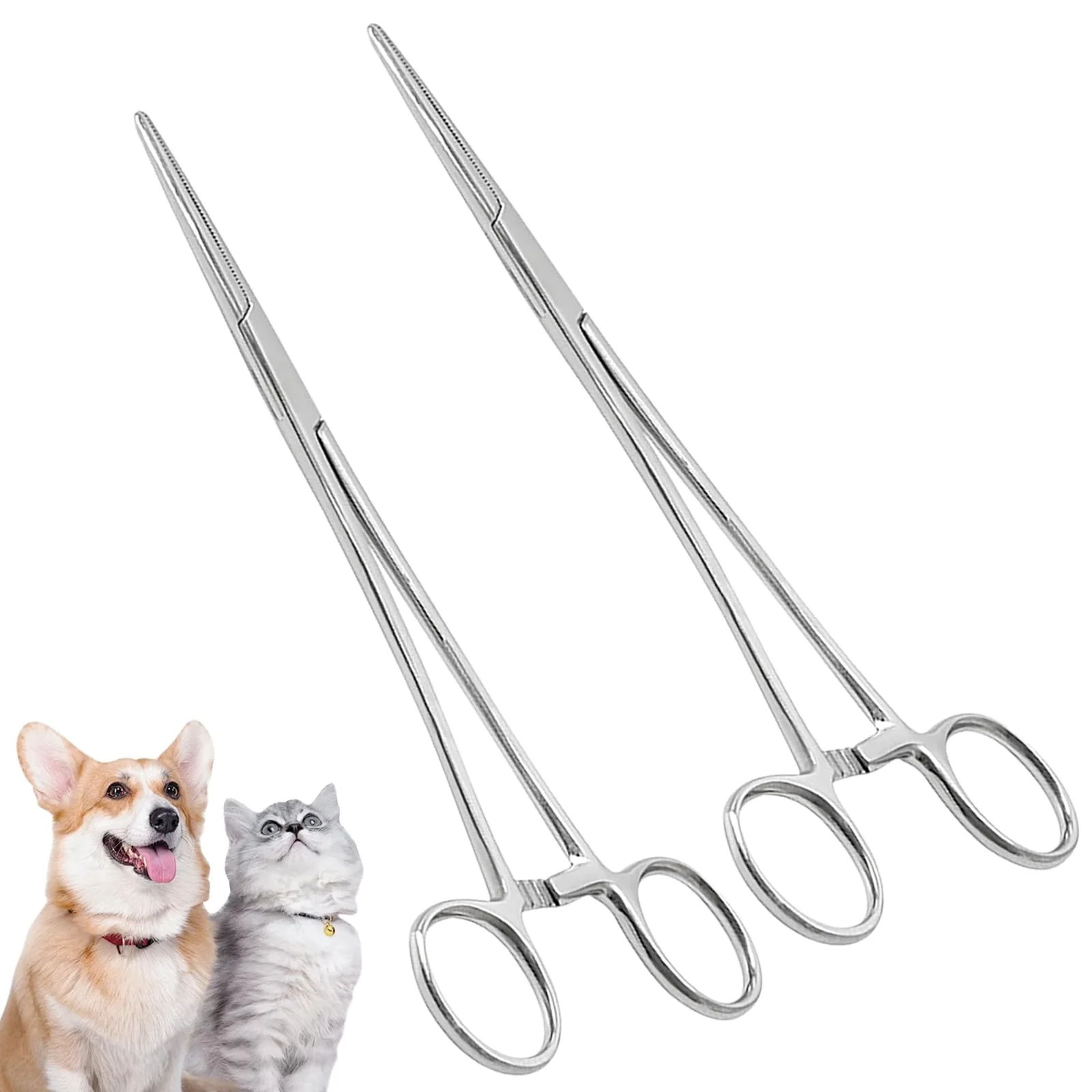 Pack of 2 Piercing Pliers and Hook Remover Pliers Made of Stainless Steel - Tweezers for Cats and Dogs Hair - Sawtooth Design - Artery Clamp - 12.5 cm - Straight and Curved Heads - Nurse Accessories