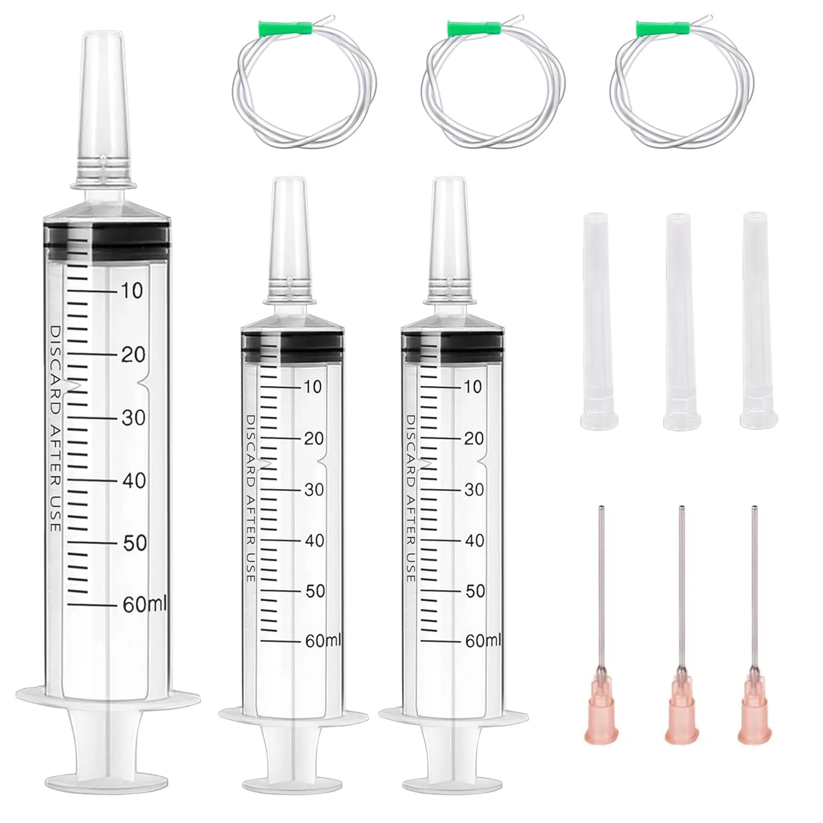 Pack of 3 Syringe 60 ml, Syringe with Hose, Disposable Syringes Large, Individually Packed Liquid Syringe, Reusable Plastic Syringes for Scientific Laboratories, Liquid Measurement