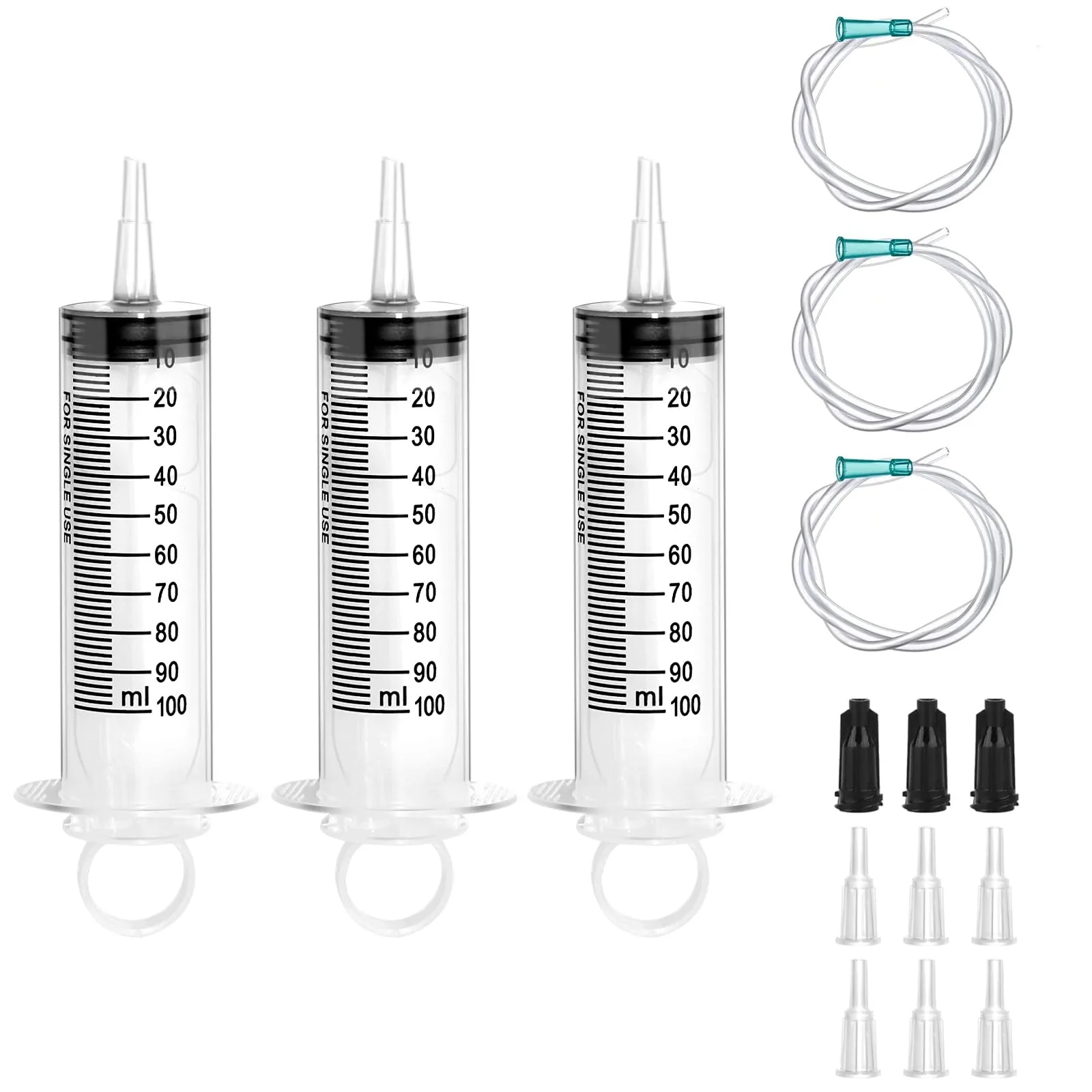 Pack of 3 Syringes 100 ml, Syringe with Hose, Dosing Syringe with Adapter, Large Syringe, Disposable Syringe 100 ml, Plastic Syringe for Science Laboratories, Garden, Industry and Factories