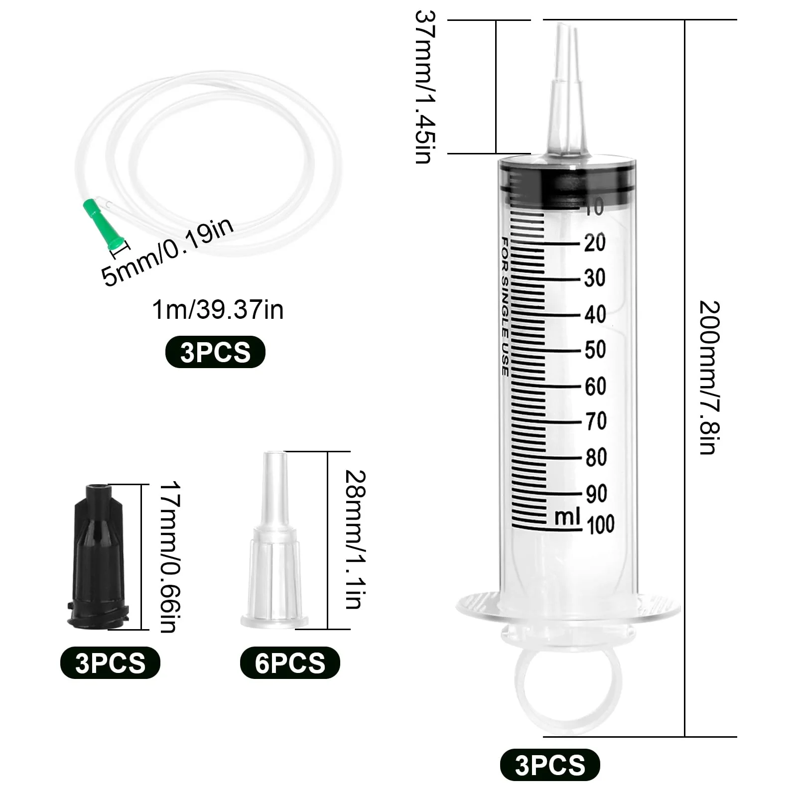 Pack of 3 Syringes 100 ml, Syringe with Hose, Dosing Syringe with Adapter, Large Syringe, Disposable Syringe 100 ml, Plastic Syringe for Science Laboratories, Garden, Industry and Factories - Image 2