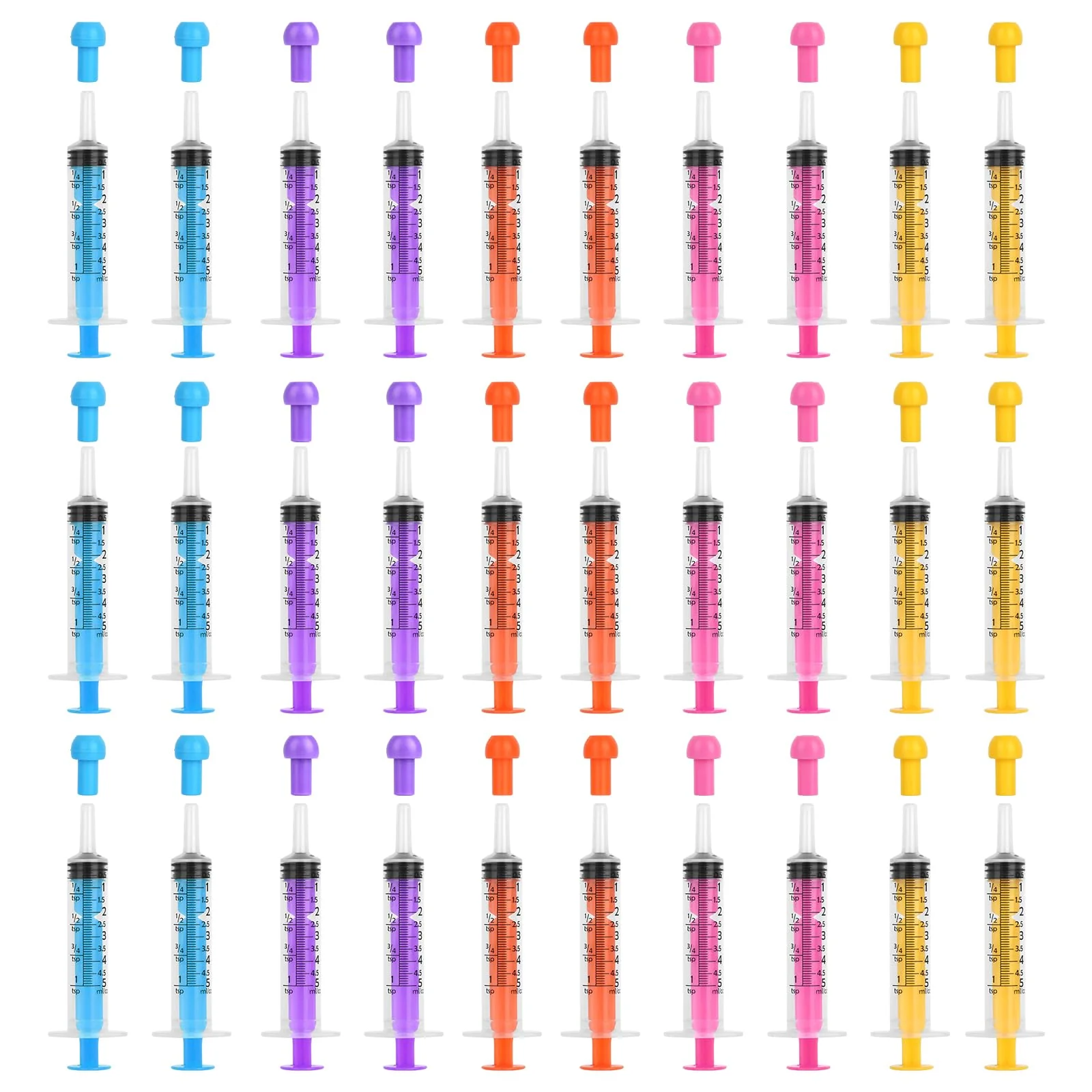 Pack of 30 Disposable Syringes, 5 ml, Plastic Syringe with Cap, Feeding Syringe Without Needle, Sterile Syringes for Animal Feeding, Refills, Liquids, 5 Colours
