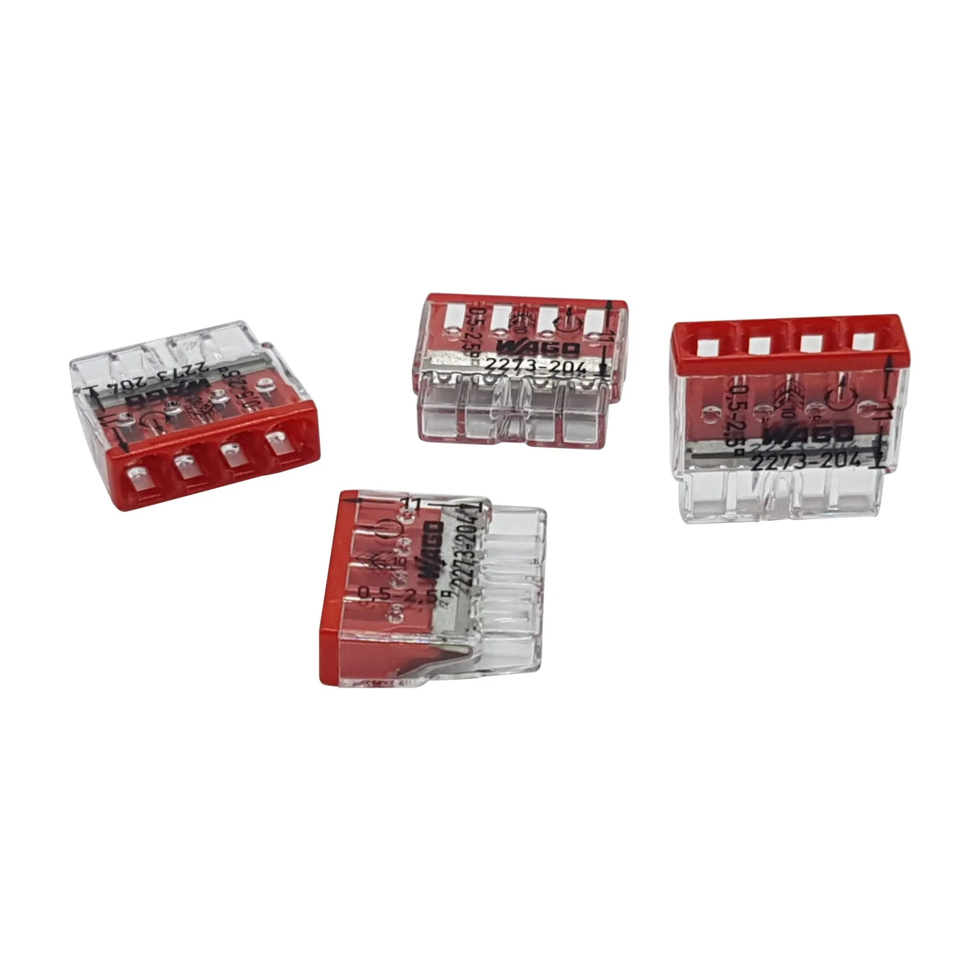 Pack of 30 Wago 2273-204 Compact Connectors for Junction Boxes, Diameter 0.5 - 2.5 mm², 4-Pin, Transparent/Red