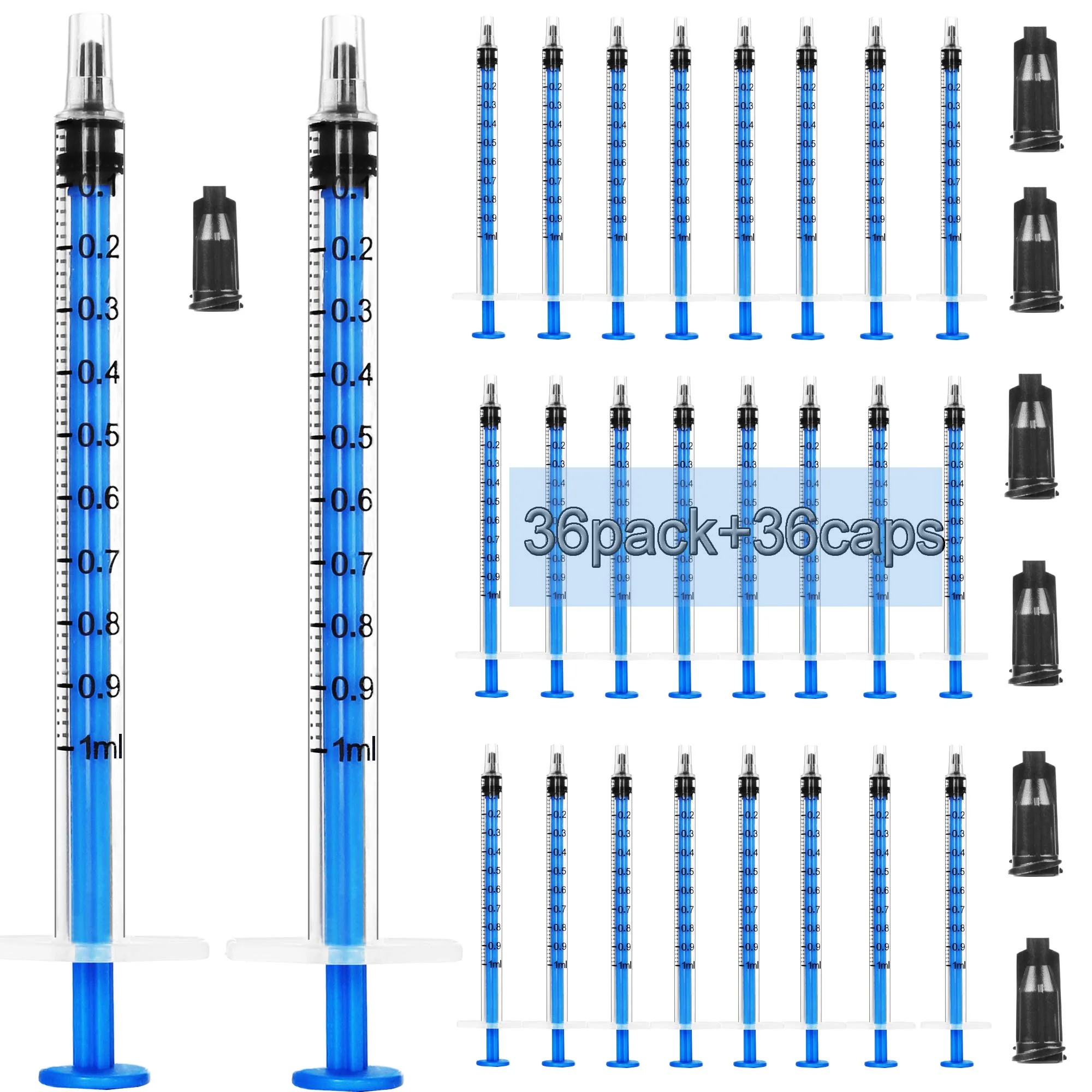 Pack of 36 1 ml plastic syringes + 36 needle-less measuring caps for refilling laboratory liquids and measuring animal feed oil glue 1 ml (36 pieces)