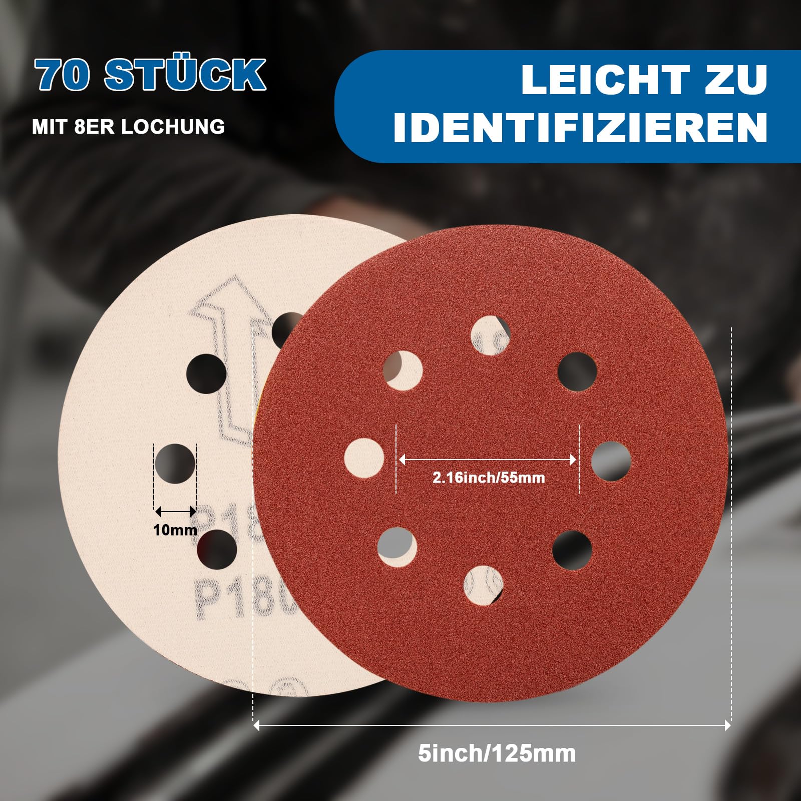 Pack of 70 Sandpaper 125 mm Velcro, Sanding Discs 8 Holes (Grit 40/60/80/120/180/240/320) for Random Orbital Sanders 70pcs 40-320 grit - Image 4
