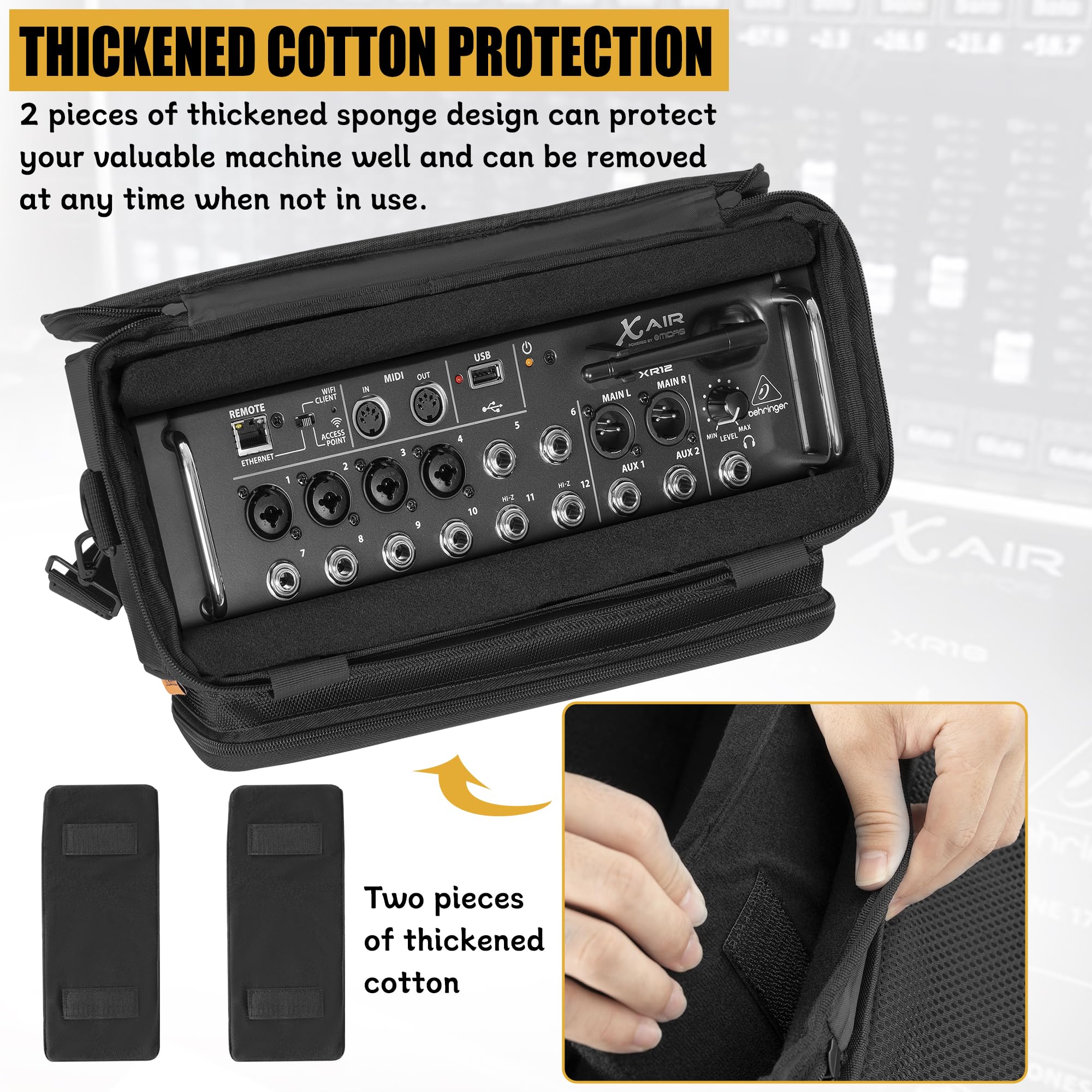 Padded Mixer Carry Bag Fits Behringer X-AIR Series Mixers( XR12,XR16,XR18), L 14.6" x W 7.5" x H 6.7" Black - Image 2