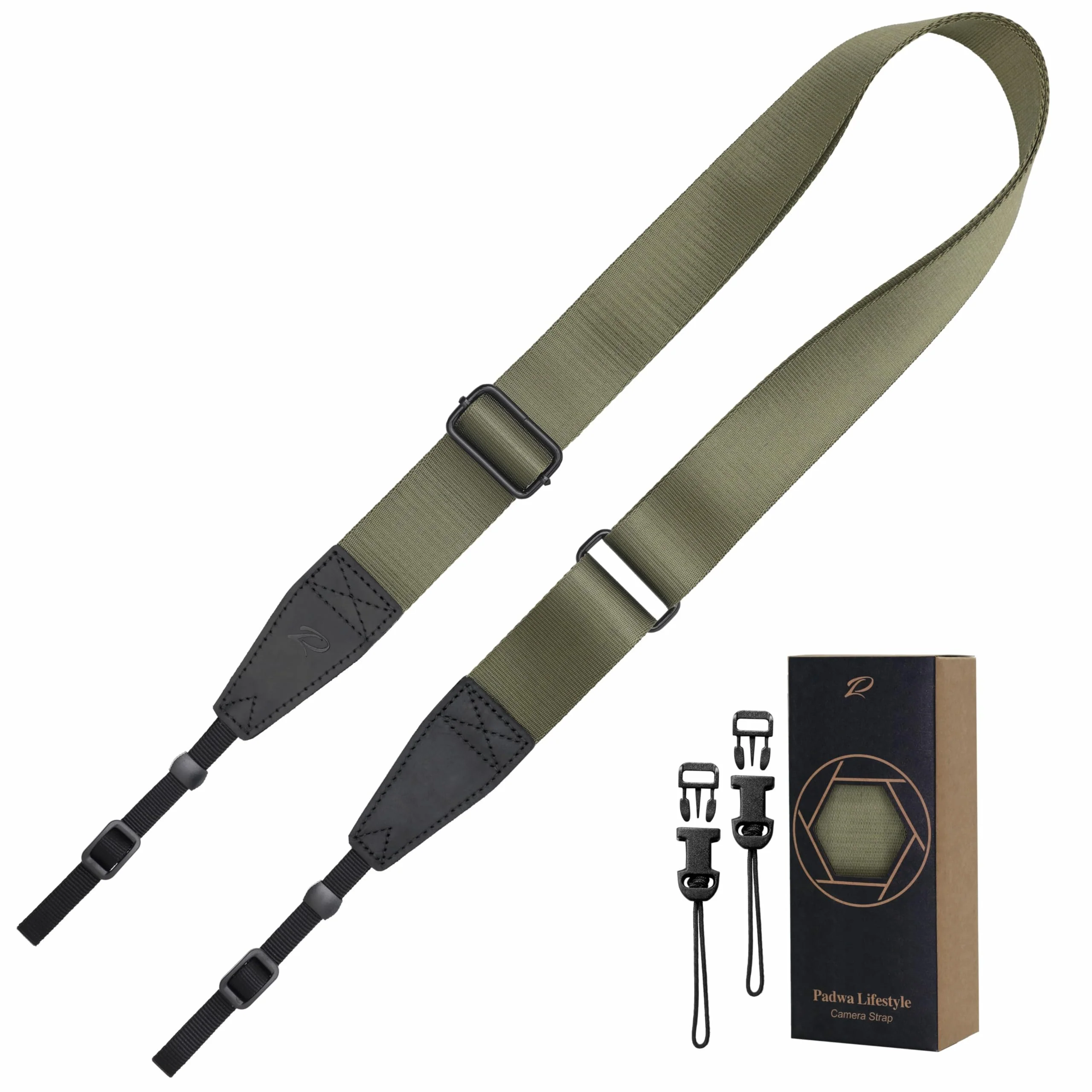 Padwa Lifestyle Adjustable Camera Strap - 1.5" Full Grain Leather Ends Camera Straps for Photographers, Adjustable Neck Shoulder & Crossbody Nylon Strap Quick Release for Cameras and Binoculars Solid Olive Green Adjustable 38~66 inch / 1.5" Wide