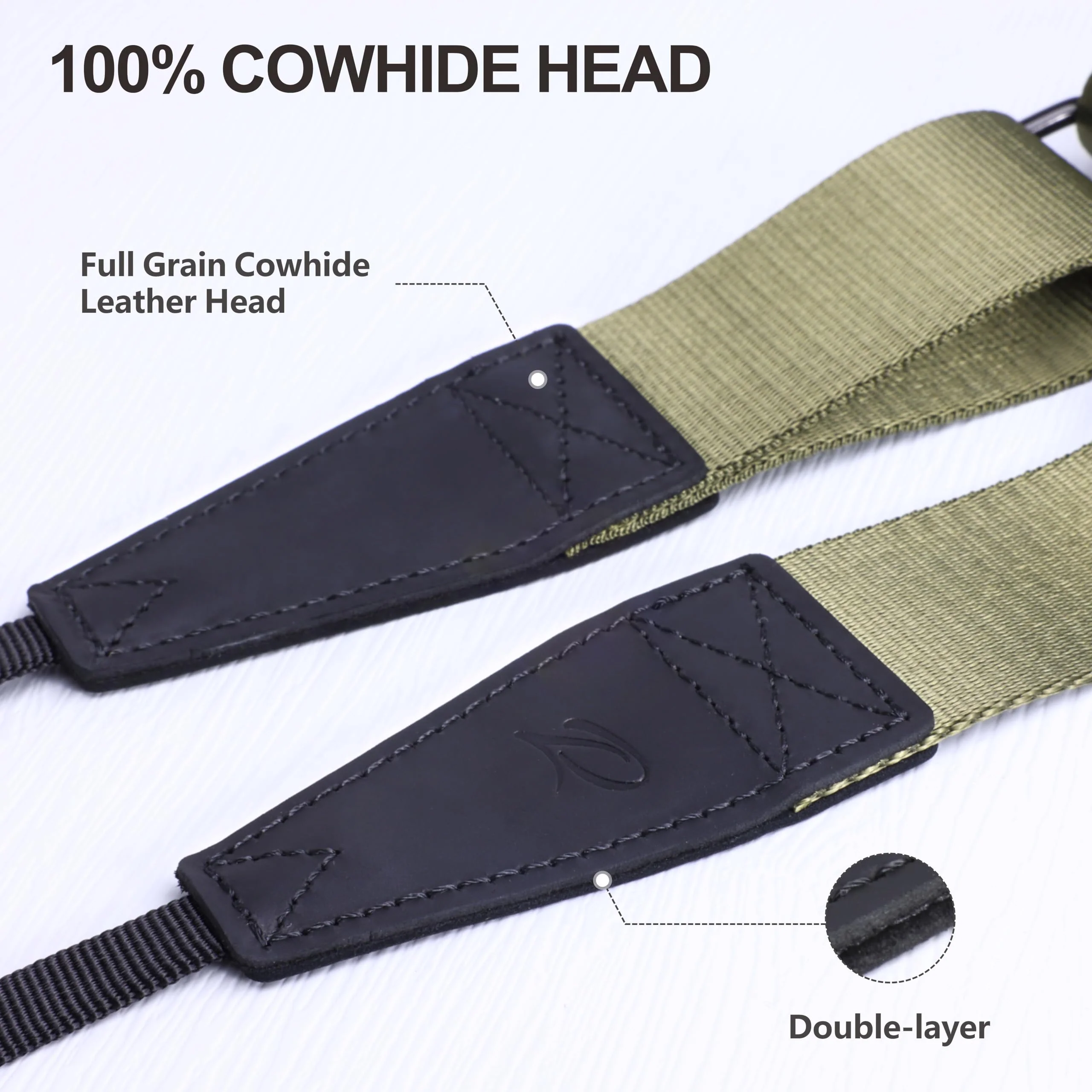 Padwa Lifestyle Adjustable Camera Strap - 1.5" Full Grain Leather Ends Camera Straps for Photographers, Adjustable Neck Shoulder & Crossbody Nylon Strap Quick Release for Cameras and Binoculars Solid Olive Green Adjustable 38~66 inch / 1.5" Wide - Image 2