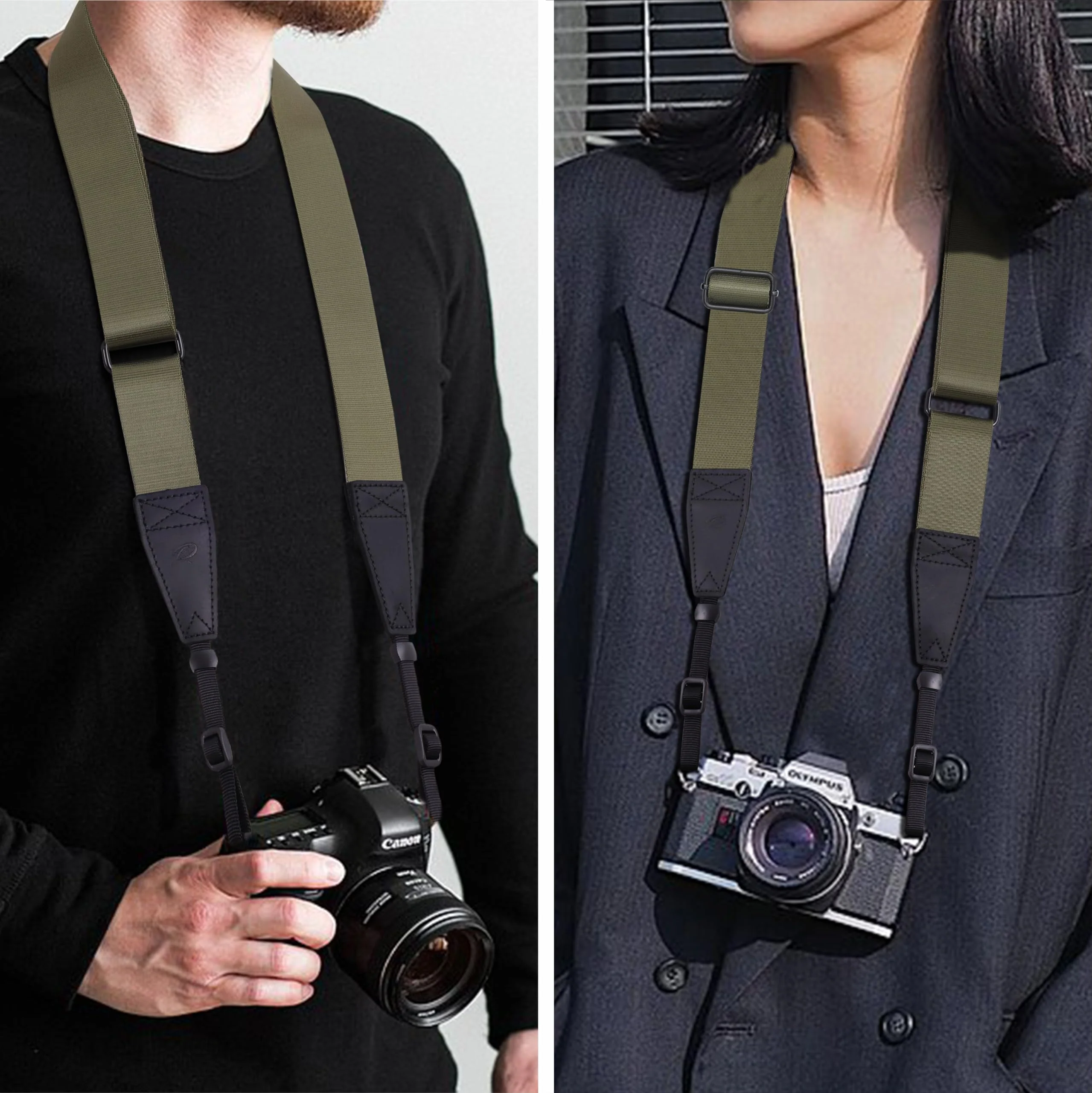 Padwa Lifestyle Adjustable Camera Strap - 1.5" Full Grain Leather Ends Camera Straps for Photographers, Adjustable Neck Shoulder & Crossbody Nylon Strap Quick Release for Cameras and Binoculars Solid Olive Green Adjustable 38~66 inch / 1.5" Wide - Image 5