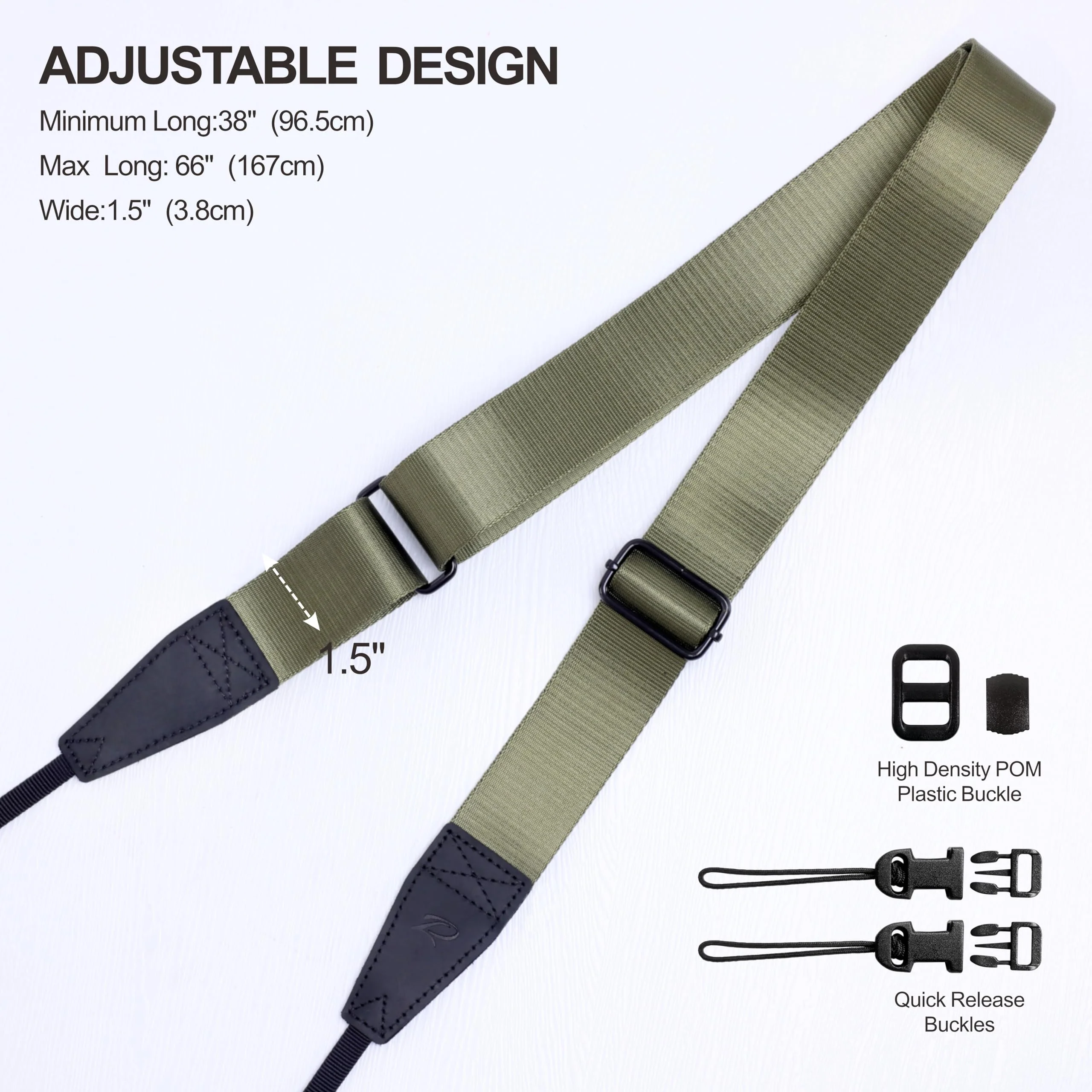 Padwa Lifestyle Adjustable Camera Strap - 1.5" Full Grain Leather Ends Camera Straps for Photographers, Adjustable Neck Shoulder & Crossbody Nylon Strap Quick Release for Cameras and Binoculars Solid Olive Green Adjustable 38~66 inch / 1.5" Wide - Image 7