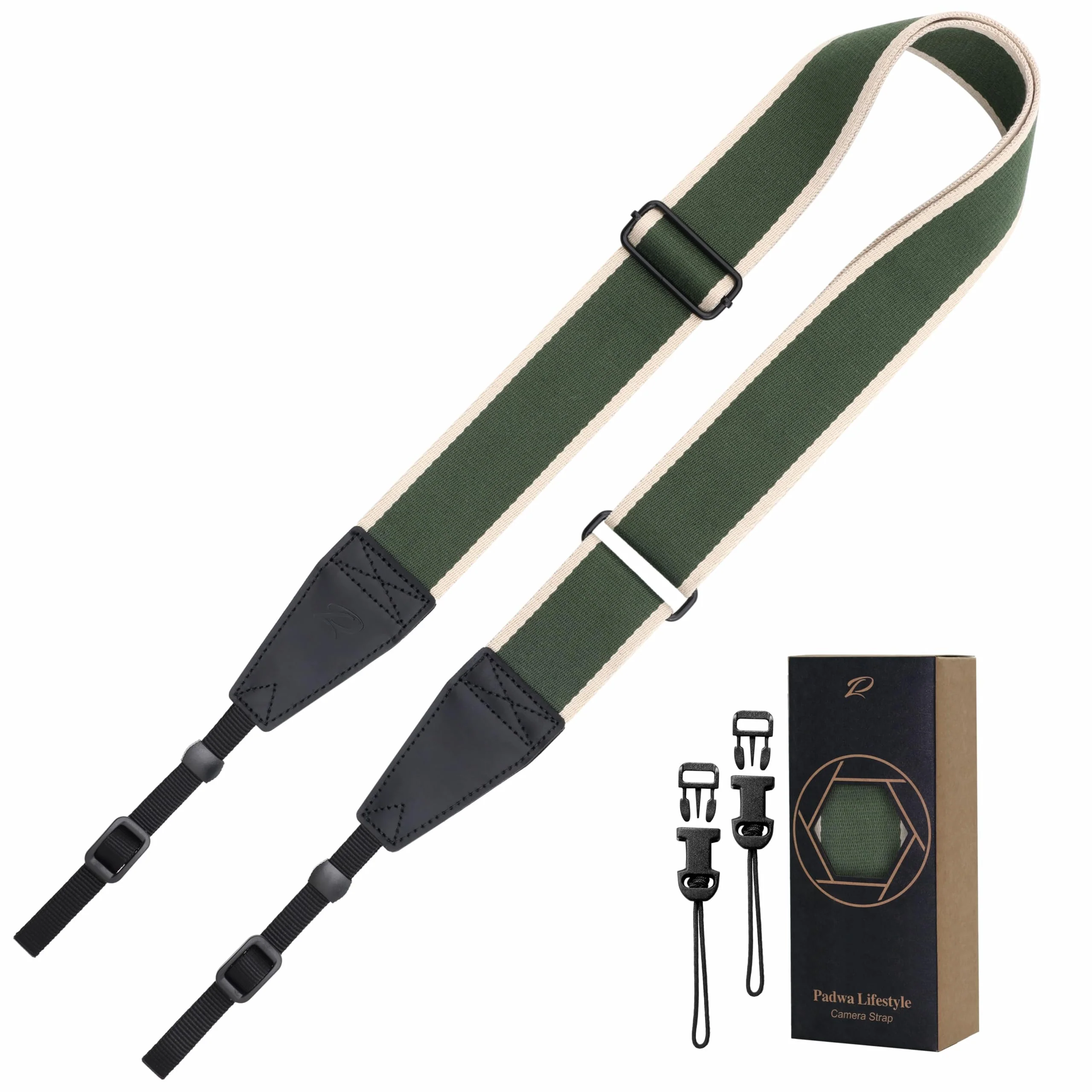Padwa Lifestyle Adjustable Camera Strap - 2" Wide Top Layer Cowhide Head Camera Straps for Photographers, Vintage Adjustable Neck Shoulder & Crossbody Strap Quick Release fits All Cameras-Green Stripe D# - Green Stripe Adjustable 38~66 inch / 2" Wide