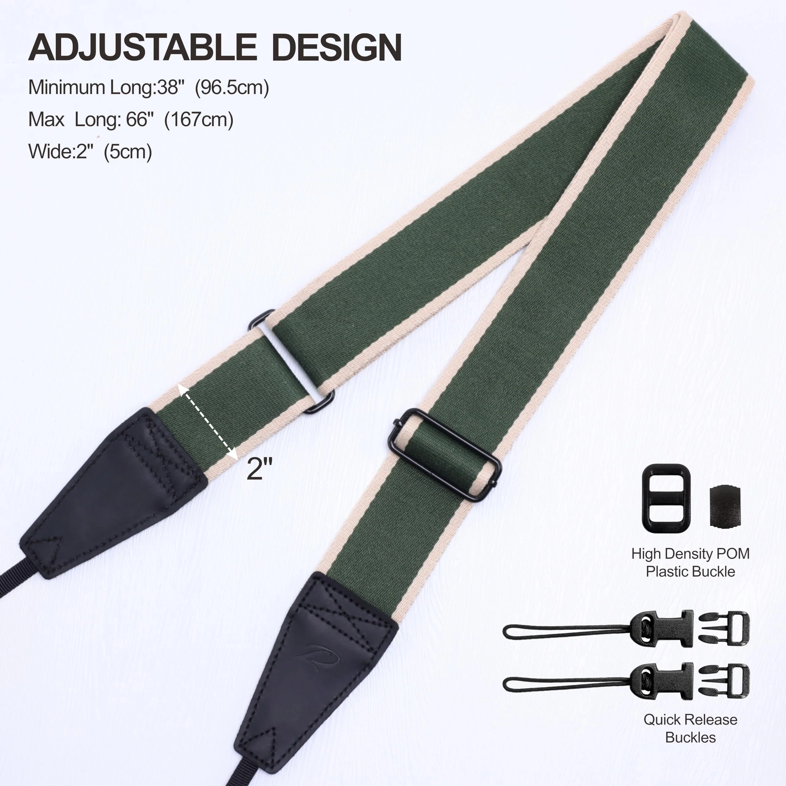 Padwa Lifestyle Adjustable Camera Strap - 2" Wide Top Layer Cowhide Head Camera Straps for Photographers, Vintage Adjustable Neck Shoulder & Crossbody Strap Quick Release fits All Cameras-Green Stripe D# - Green Stripe Adjustable 38~66 inch / 2" Wide - Image 7
