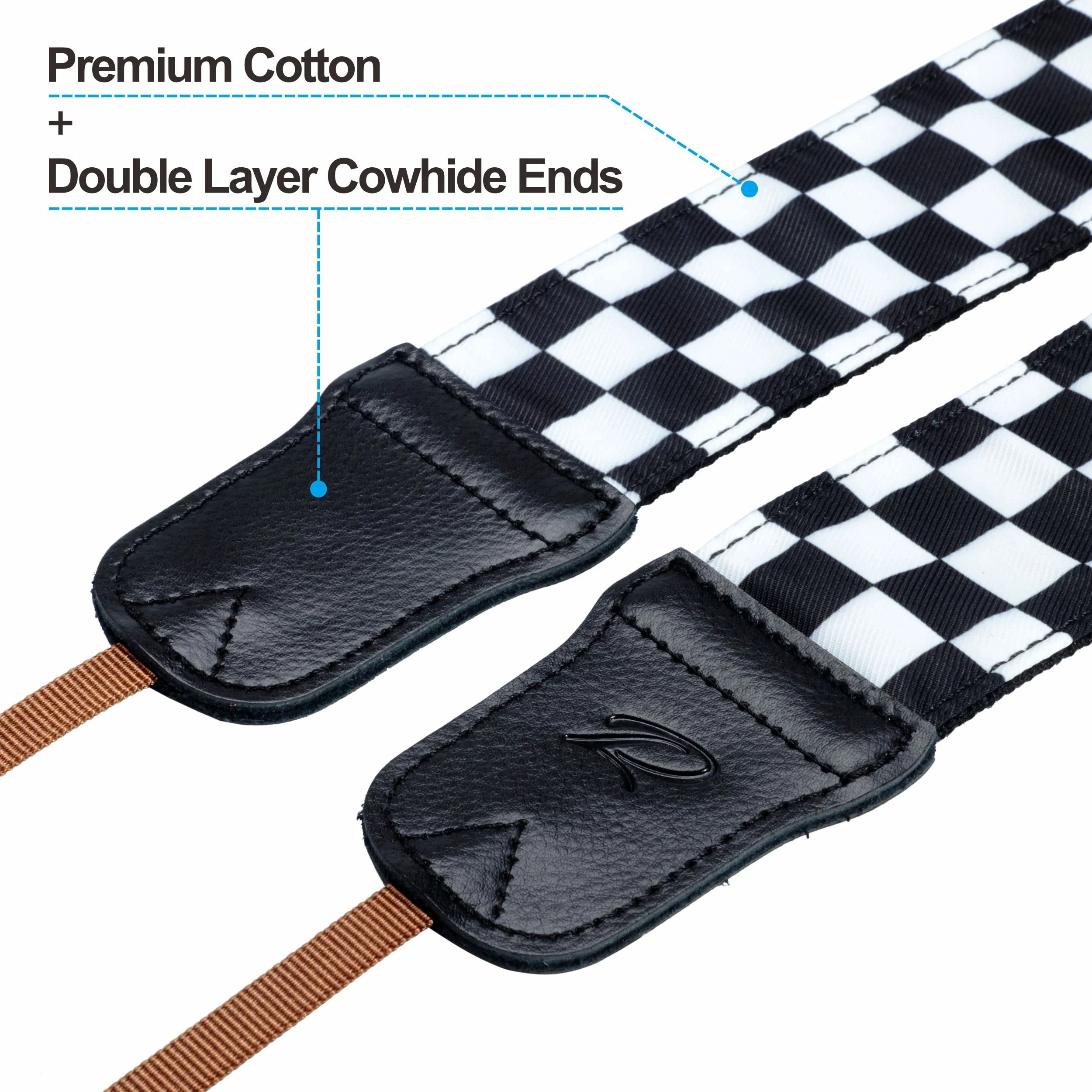 Padwa Lifestyle Black and White Plaid Camera Strap - 2" Wide Double Layer Cowhide Head,Cotton Camera Shoulder Straps,Grid Pattern Adjustable Camera Neck Strap for all Cameras,Gift for Photographers K# - Black and White Plaid - Image 2