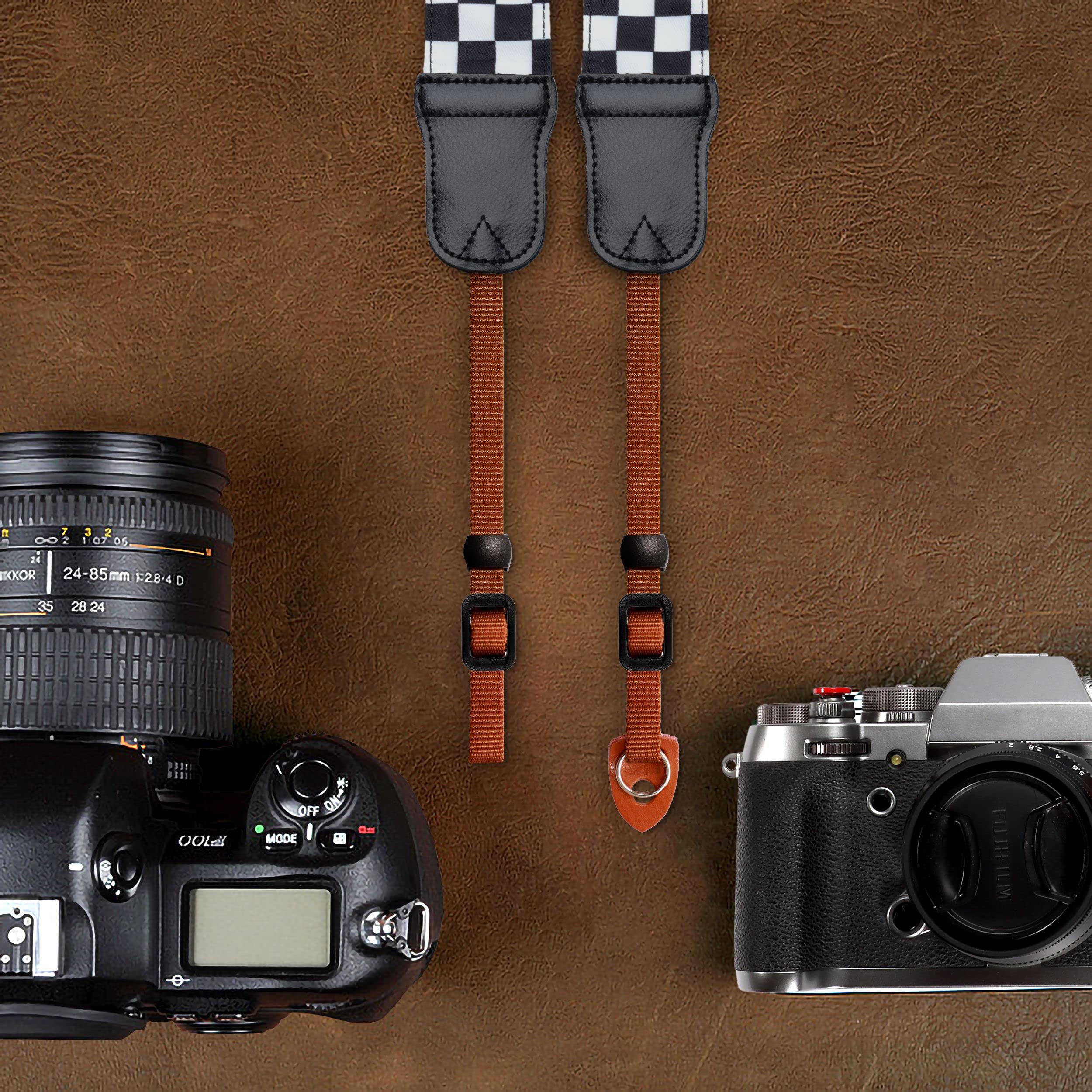 Padwa Lifestyle Black and White Plaid Camera Strap - 2" Wide Double Layer Cowhide Head,Cotton Camera Shoulder Straps,Grid Pattern Adjustable Camera Neck Strap for all Cameras,Gift for Photographers K# - Black and White Plaid - Image 6