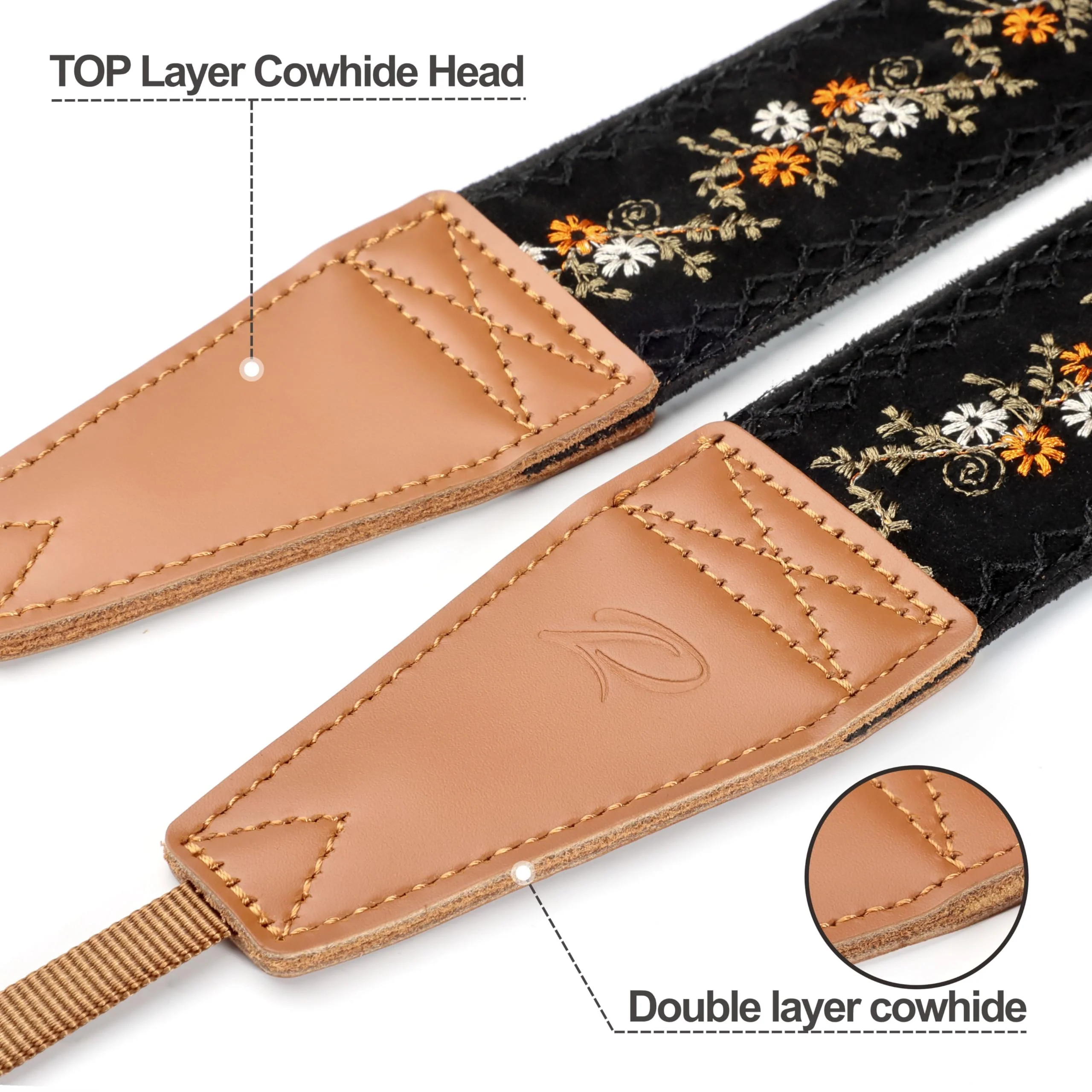 Padwa Lifestyle Camera Strap - 2" Full Grain Leather Ends Camera Straps for Photographers, Vintage Embroidered Cotton Weave Soft Suede Fabric Padded Strap Quick Release fits All Cameras Mustard Flowers 2 inch Wide / Adjustable 41~56 inch - Image 2