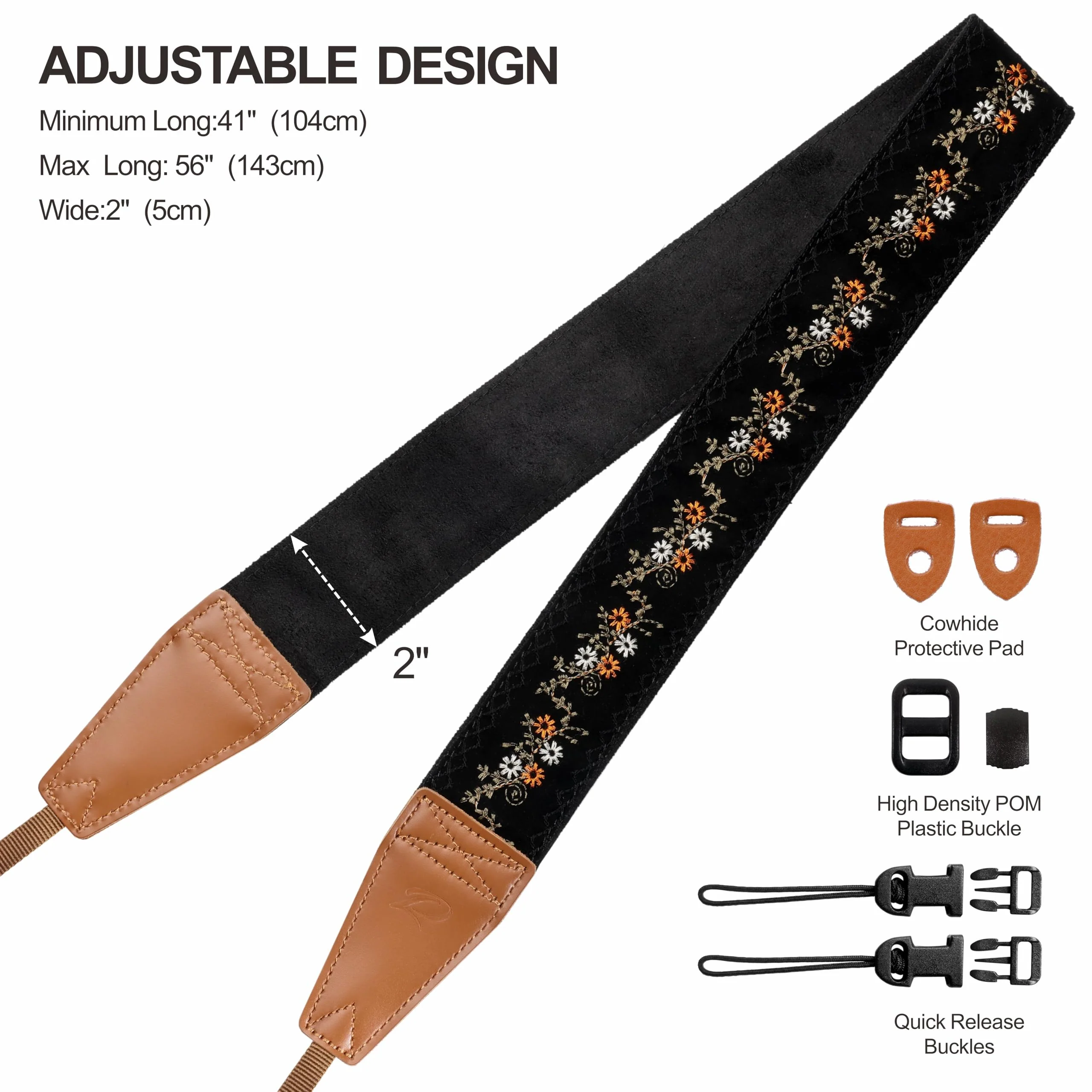 Padwa Lifestyle Camera Strap - 2" Full Grain Leather Ends Camera Straps for Photographers, Vintage Embroidered Cotton Weave Soft Suede Fabric Padded Strap Quick Release fits All Cameras Mustard Flowers 2 inch Wide / Adjustable 41~56 inch - Image 6