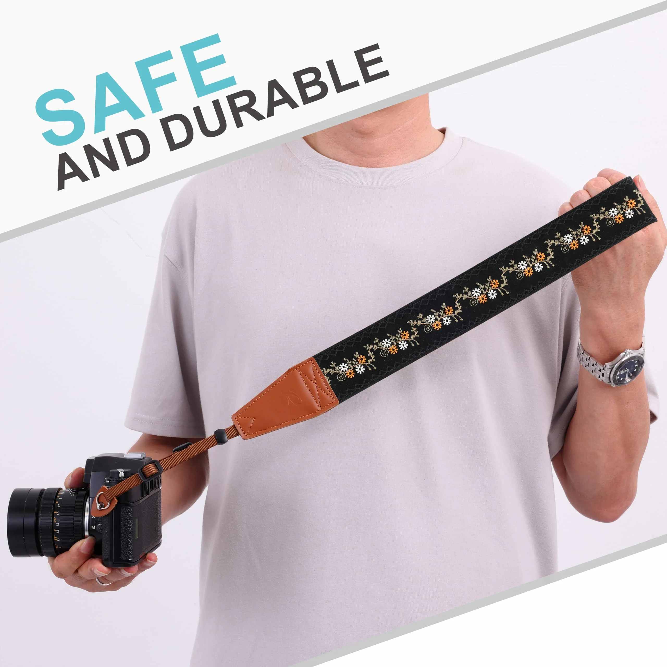 Padwa Lifestyle Camera Strap - 2" Full Grain Leather Ends Camera Straps for Photographers, Vintage Embroidered Cotton Weave Soft Suede Fabric Padded Strap Quick Release fits All Cameras Mustard Flowers 2 inch Wide / Adjustable 41~56 inch - Image 7