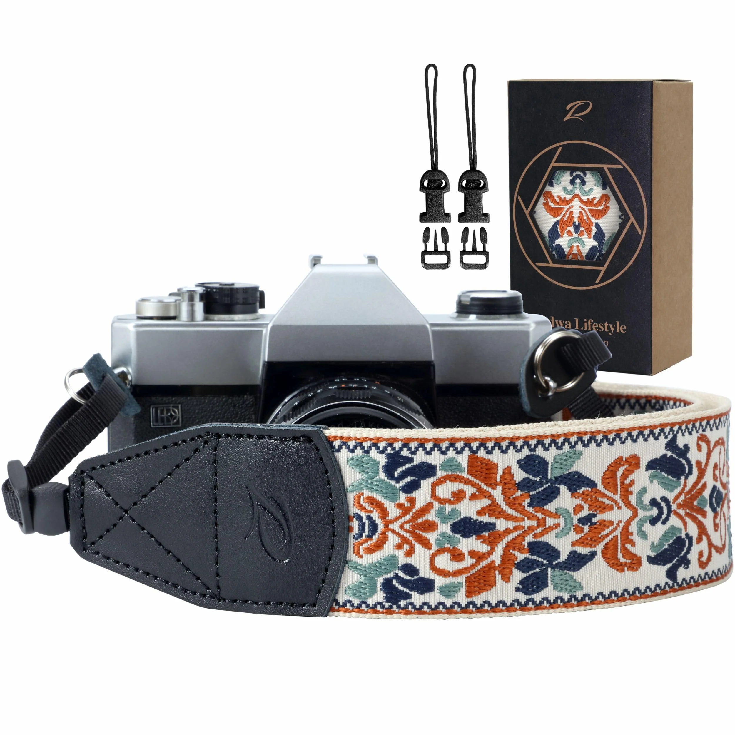 Padwa Lifestyle Camera Strap - 2" Retro Jacquard Embroidery Camera Straps Adjustable,Wide Camera Neck/Shoulder Strap with Genuine Leather Head for All DSLR/SLR Digital Cameras(White Classic Flower) Vintage Elegant White 2"Wide / Adjustable 39~57"