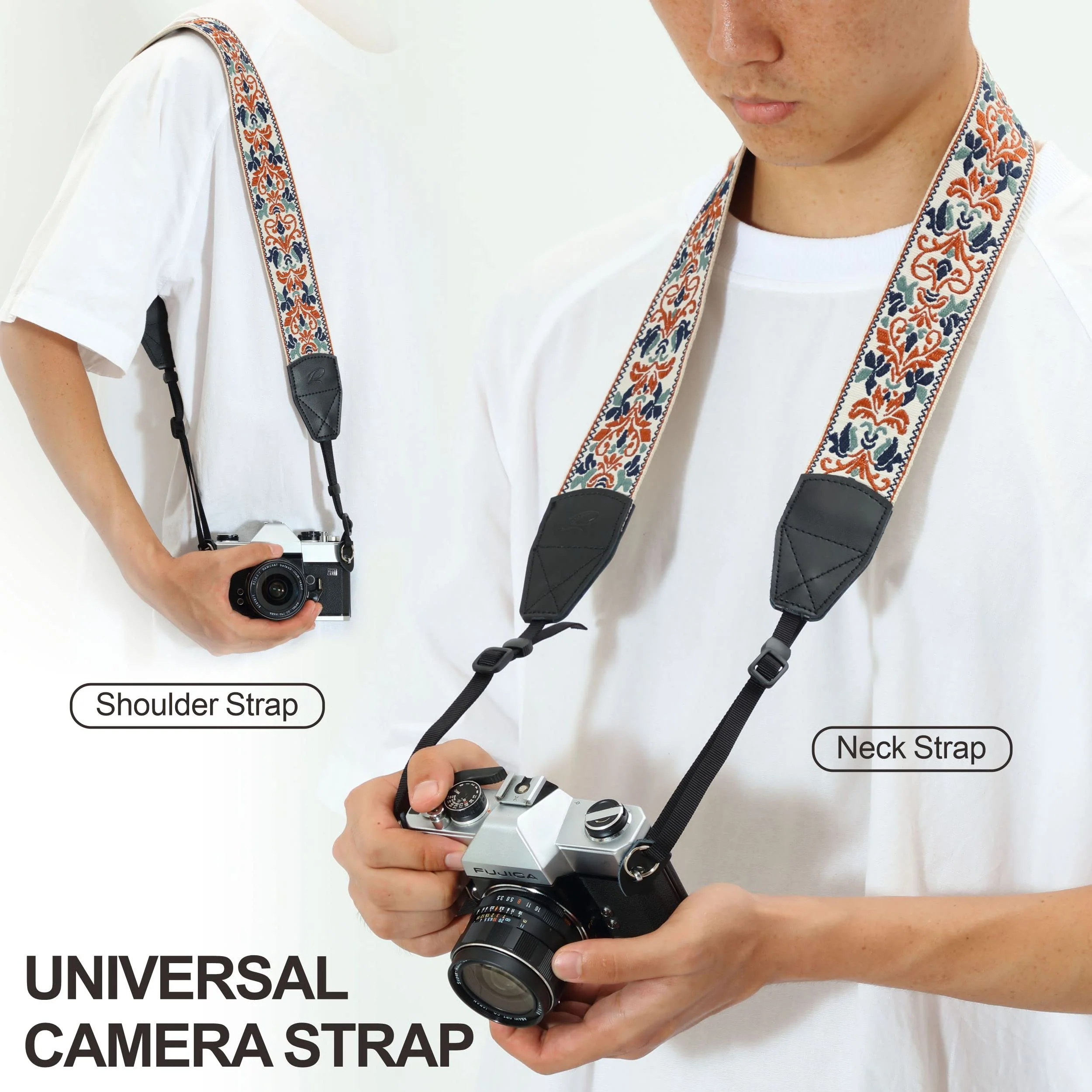 Padwa Lifestyle Camera Strap - 2" Retro Jacquard Embroidery Camera Straps Adjustable,Wide Camera Neck/Shoulder Strap with Genuine Leather Head for All DSLR/SLR Digital Cameras(White Classic Flower) Vintage Elegant White 2"Wide / Adjustable 39~57" - Image 4