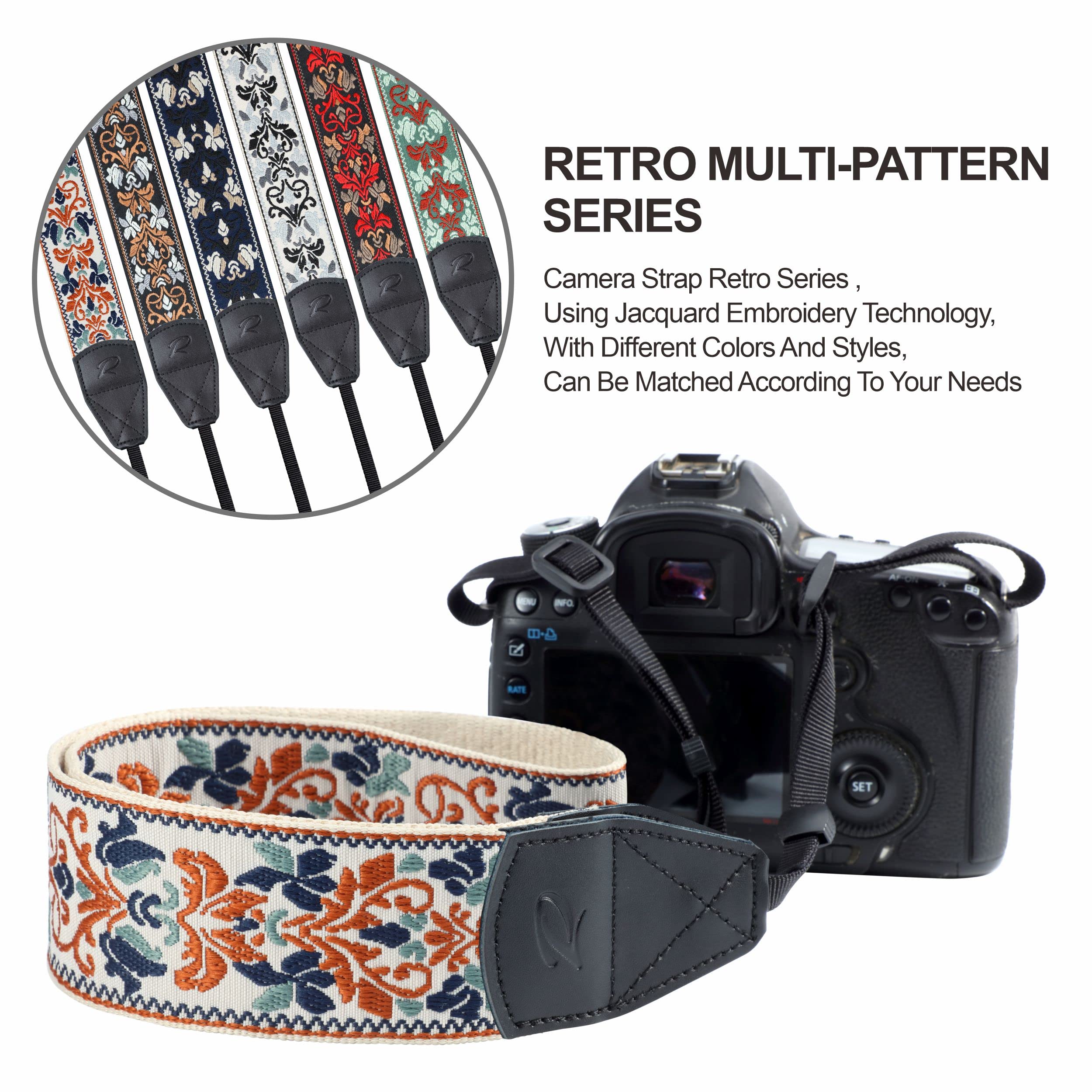 Padwa Lifestyle Camera Strap - 2" Retro Jacquard Embroidery Camera Straps Adjustable,Wide Camera Neck/Shoulder Strap with Genuine Leather Head for All DSLR/SLR Digital Cameras(White Classic Flower) Vintage Elegant White 2"Wide / Adjustable 39~57" - Image 5