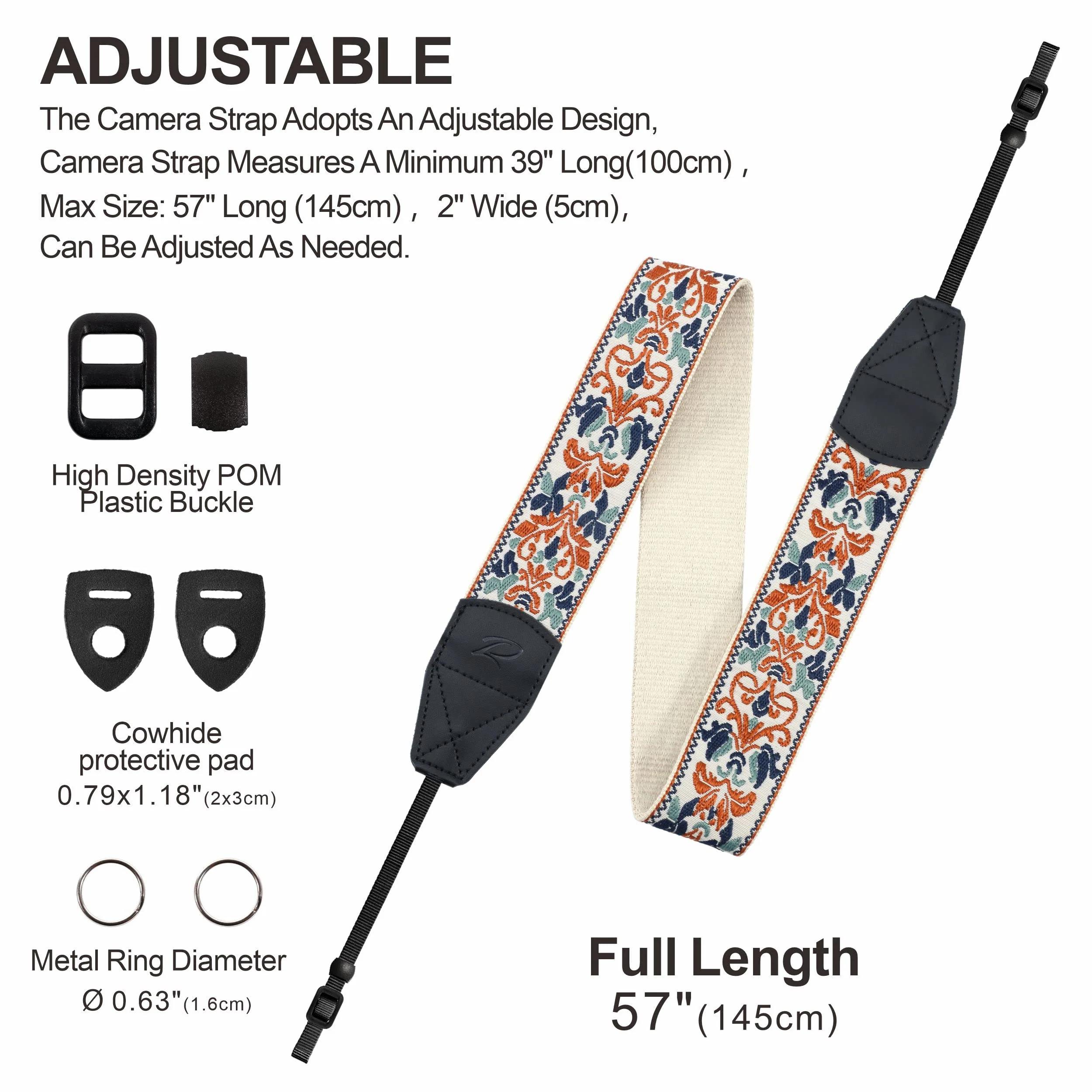 Padwa Lifestyle Camera Strap - 2" Retro Jacquard Embroidery Camera Straps Adjustable,Wide Camera Neck/Shoulder Strap with Genuine Leather Head for All DSLR/SLR Digital Cameras(White Classic Flower) Vintage Elegant White 2"Wide / Adjustable 39~57" - Image 7