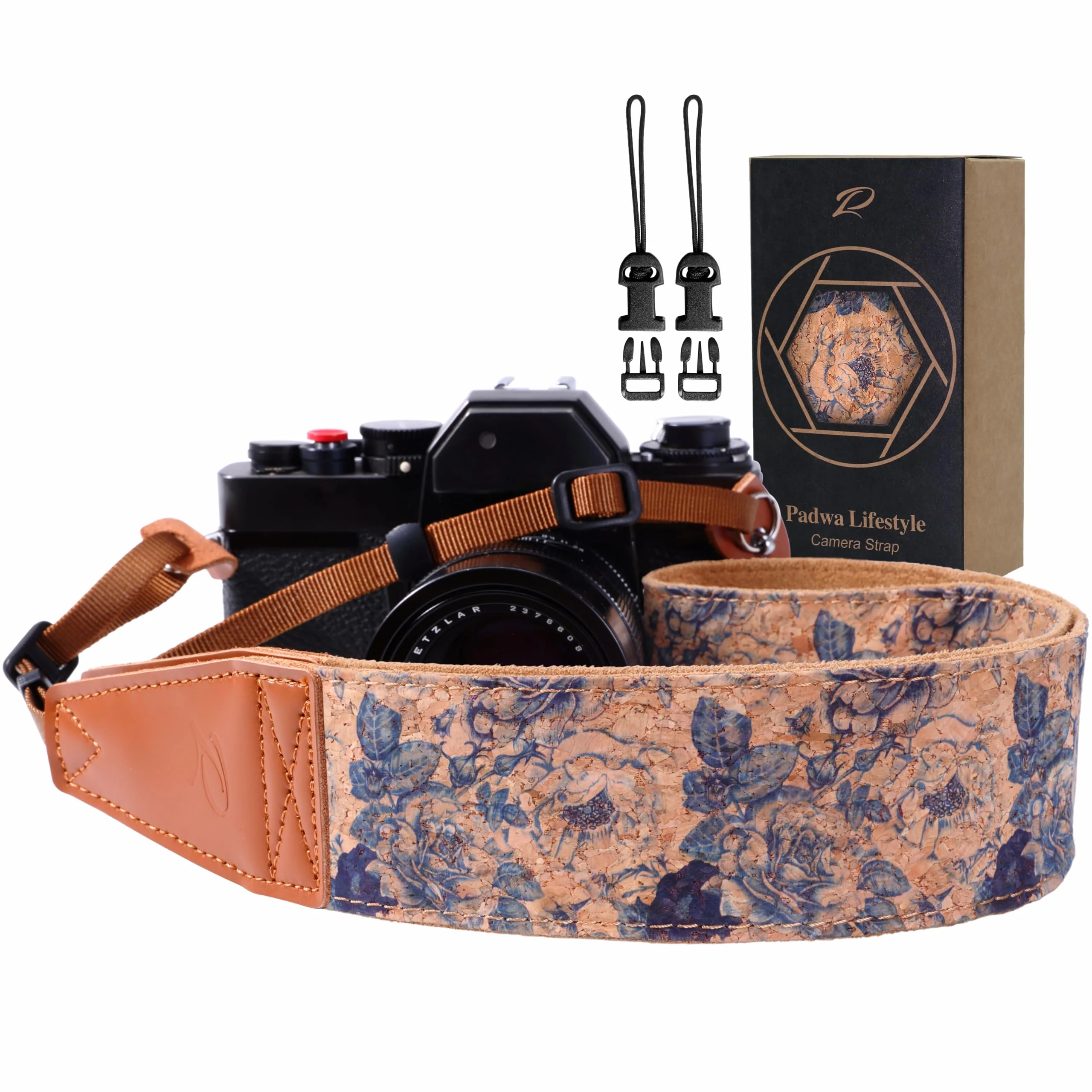Padwa Lifestyle Cork Camera Strap - 2" Top Layer Cowhide Head Camera Straps for Photographers,Natural Log Crackle Art Print Style,Soft Chamois Velvet Padded Strap Quick Release fits All Cameras Blue Print Cork 2 inch Wide / Adjustable 41~56 inch
