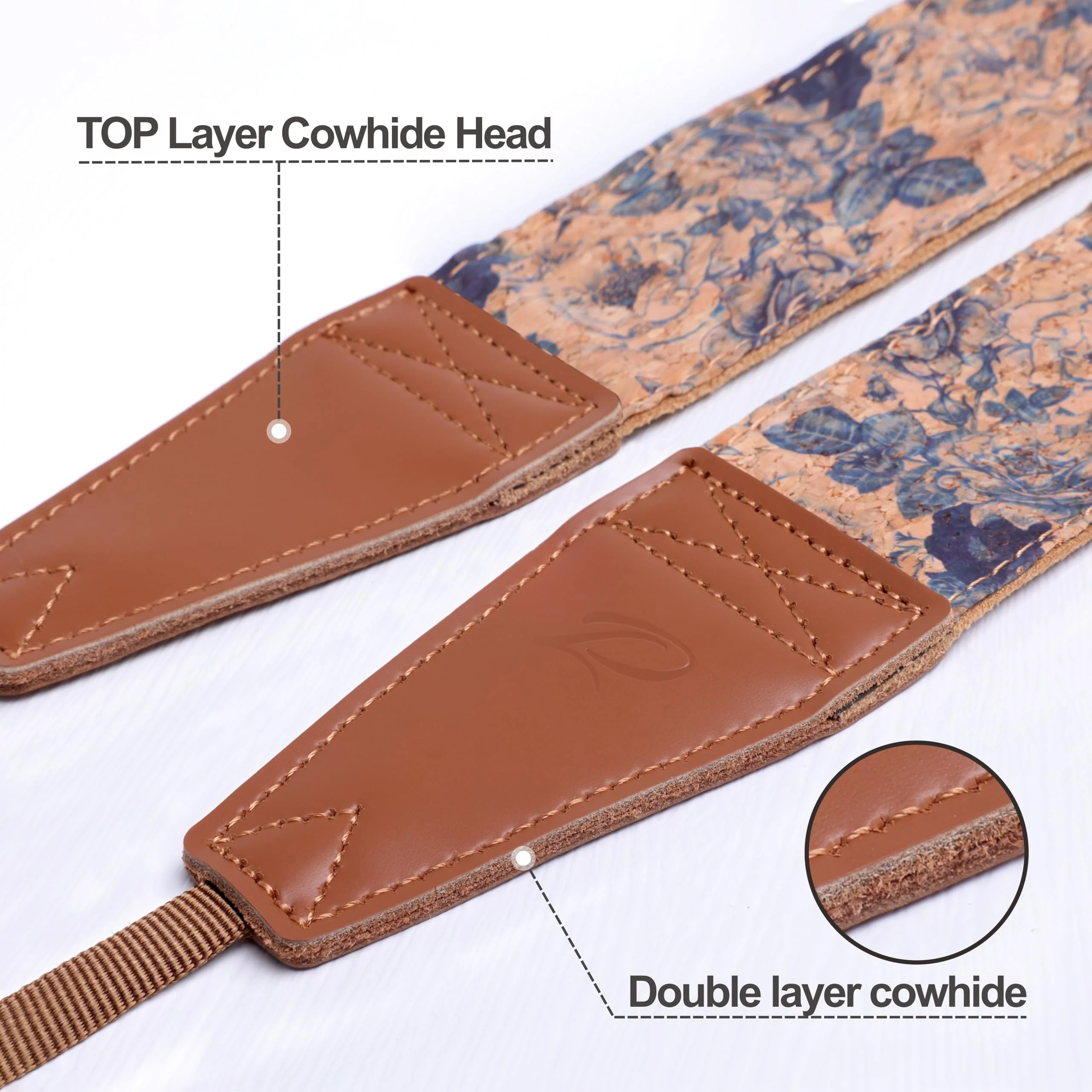 Padwa Lifestyle Cork Camera Strap - 2" Top Layer Cowhide Head Camera Straps for Photographers,Natural Log Crackle Art Print Style,Soft Chamois Velvet Padded Strap Quick Release fits All Cameras Blue Print Cork 2 inch Wide / Adjustable 41~56 inch - Image 2