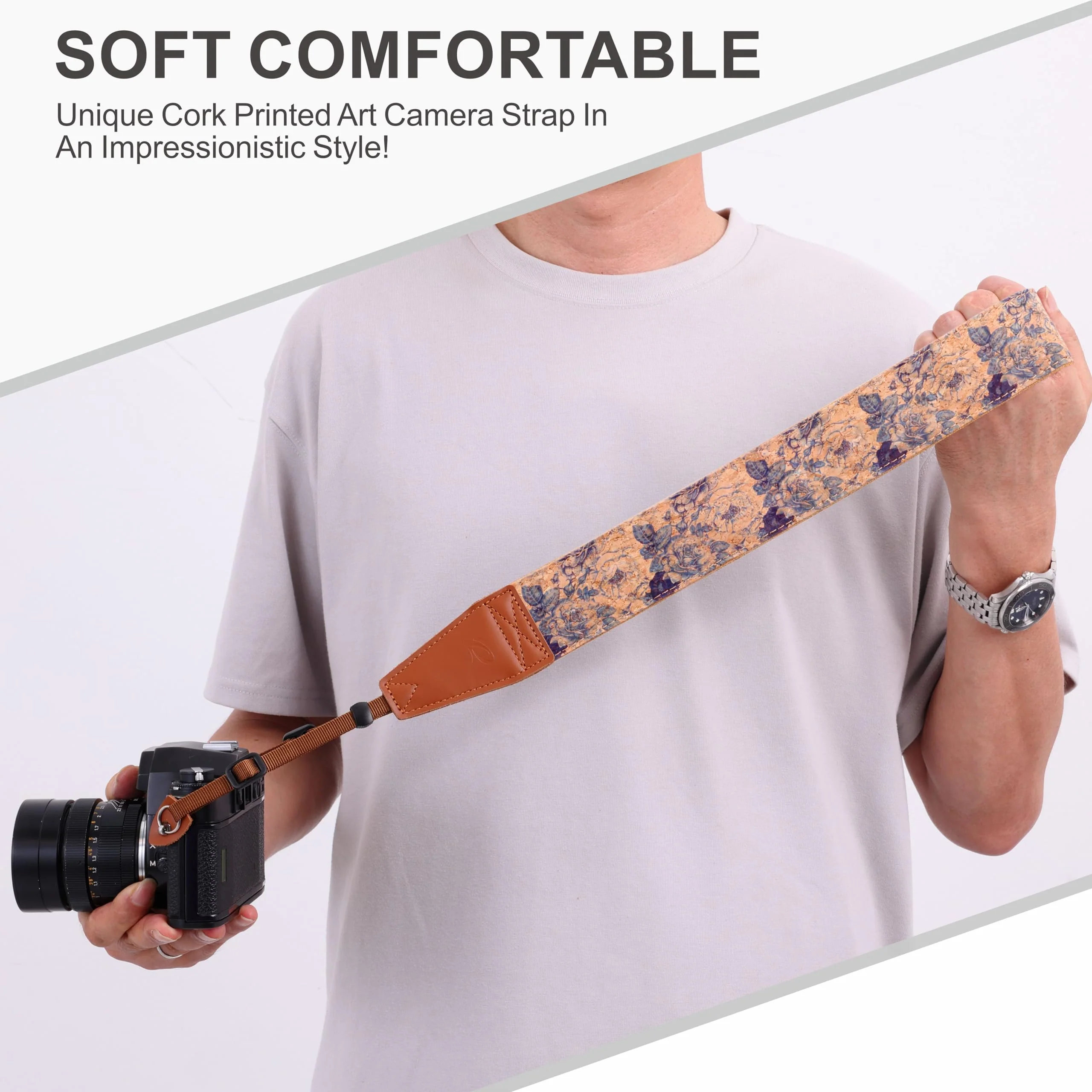 Padwa Lifestyle Cork Camera Strap - 2" Top Layer Cowhide Head Camera Straps for Photographers,Natural Log Crackle Art Print Style,Soft Chamois Velvet Padded Strap Quick Release fits All Cameras Blue Print Cork 2 inch Wide / Adjustable 41~56 inch - Image 6