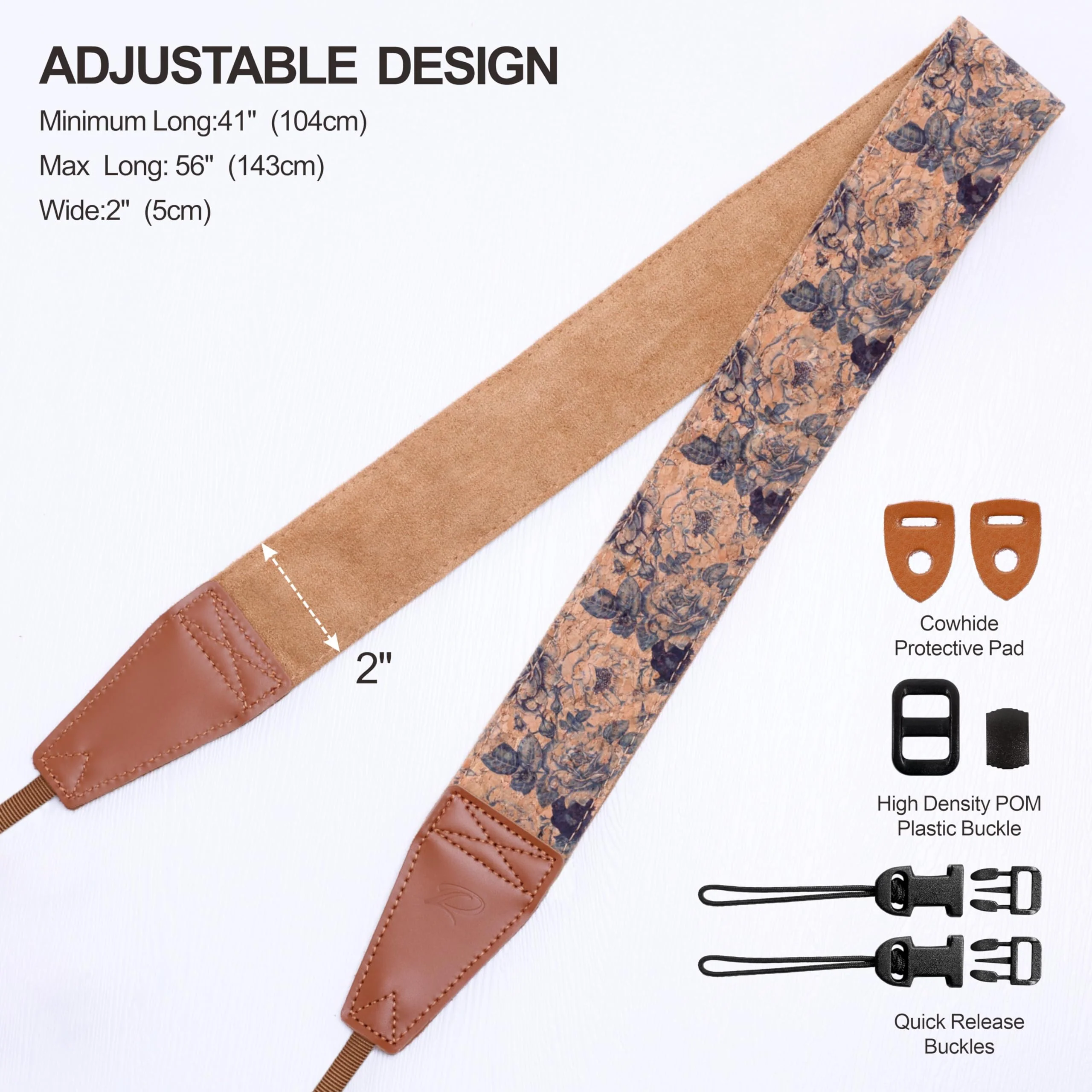 Padwa Lifestyle Cork Camera Strap - 2" Top Layer Cowhide Head Camera Straps for Photographers,Natural Log Crackle Art Print Style,Soft Chamois Velvet Padded Strap Quick Release fits All Cameras Blue Print Cork 2 inch Wide / Adjustable 41~56 inch - Image 7