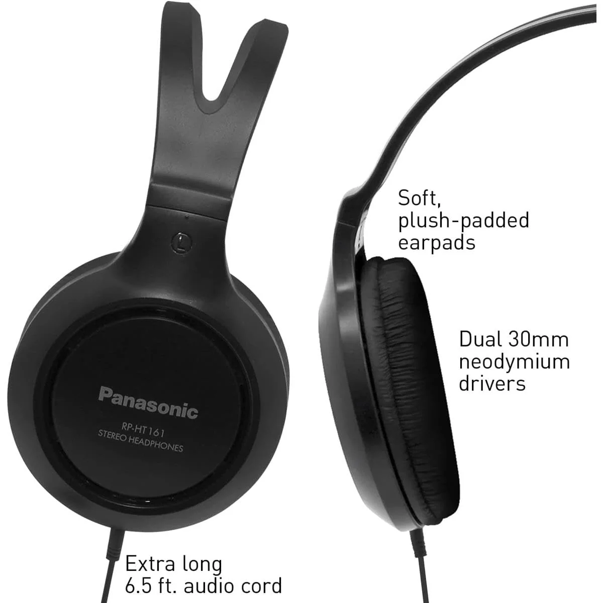 Panasonic Headphones, Lightweight Over the Ear Wired Headphones with Clear Sound and XBS for Extra Bass, Long Cord, 3.5mm Jack for Phones and Laptops – RP-HT161-K (Black) Over Ear - No Mic - Image 3