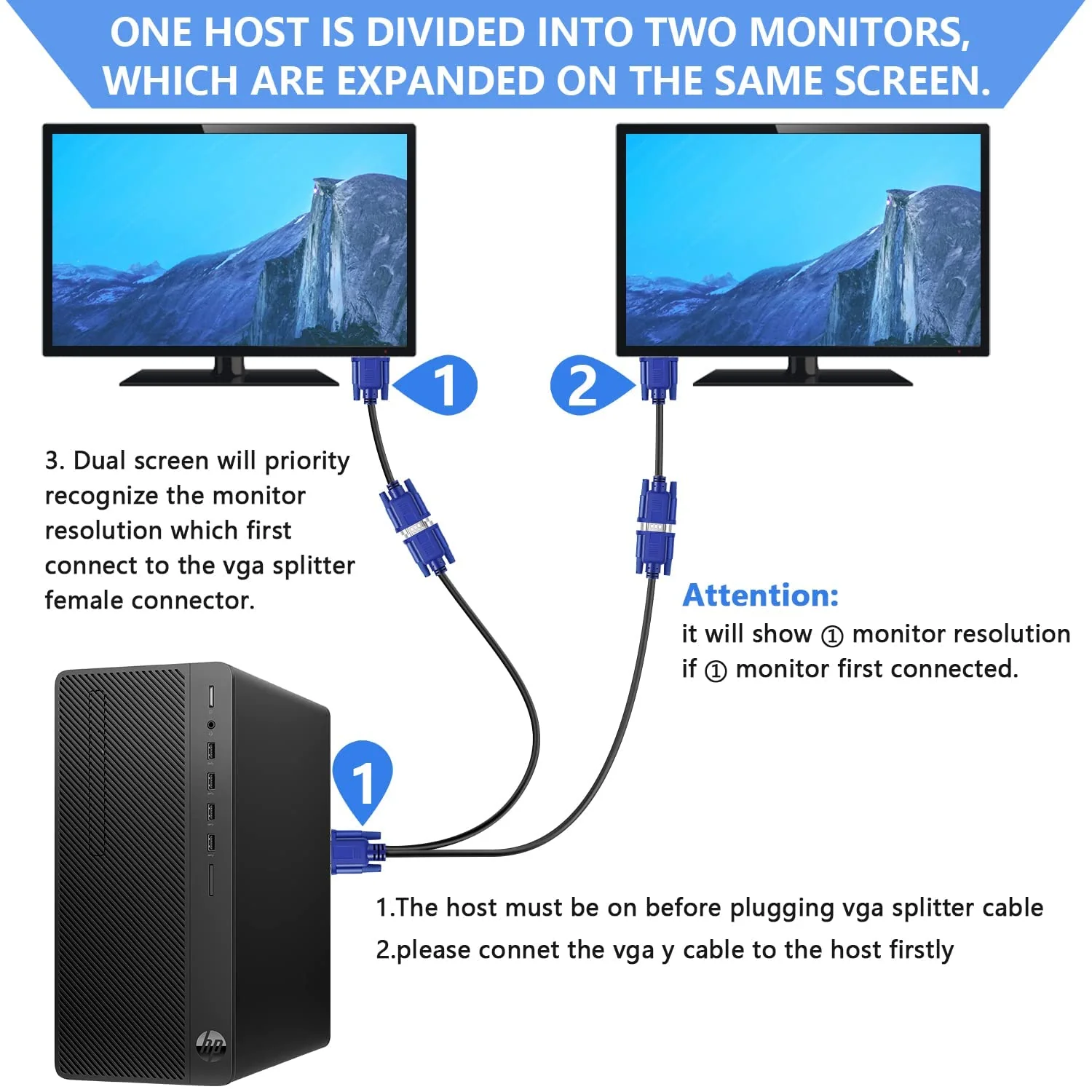 PASOW VGA Splitter Cable 1080P Dual VGA Monitor Y Cable 1 Male to 2 Female Adapter Cable Only for Screen Duplication - 1.5 Feet (No Screen Extension) - Only Work for Identical Monitor male to female 1.5 feet - Image 2