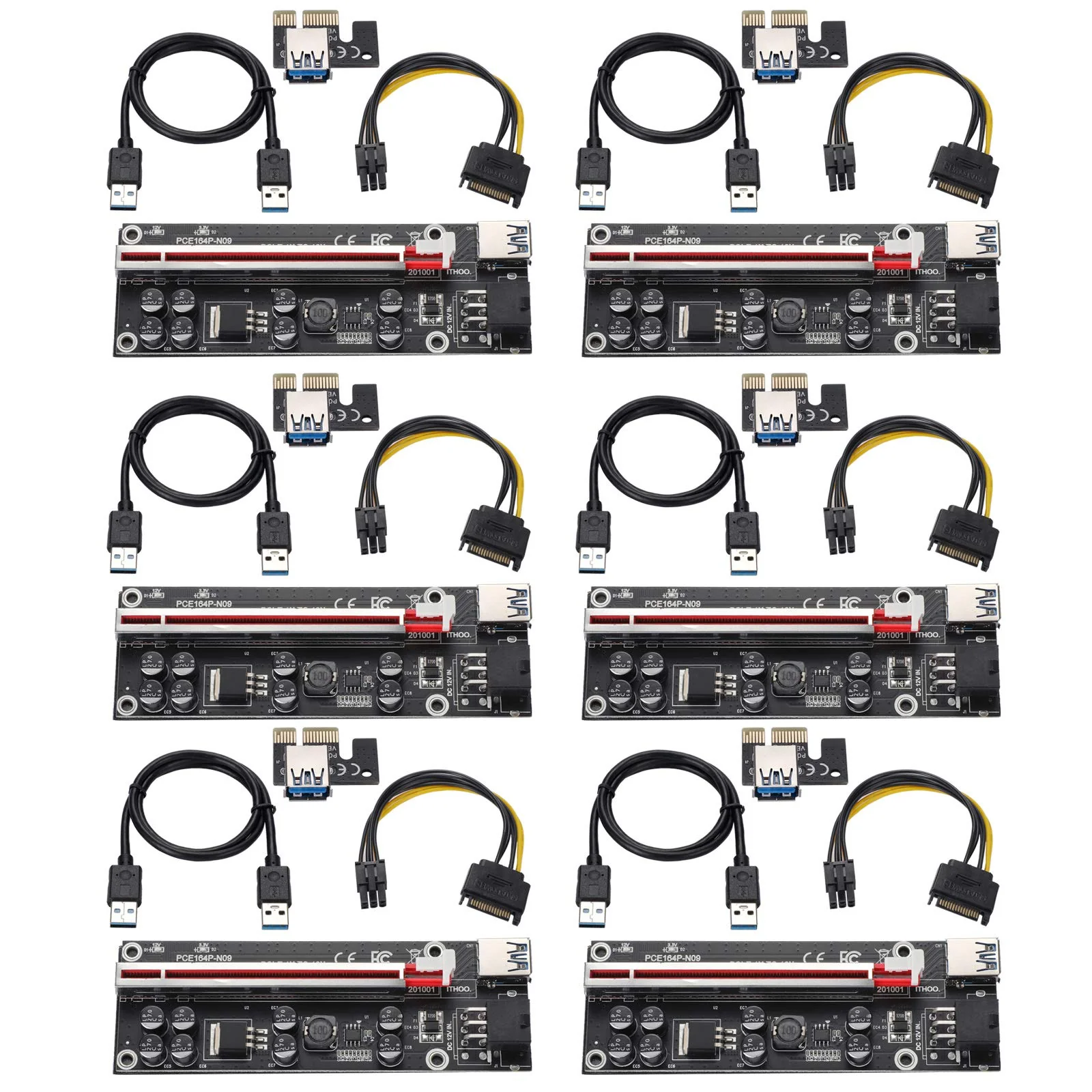 PCI-E 1X to 16X V009S-PLUS Riser Card - Graphics Extension Powered Riser Adapter Card for GPU Mining with 24in USB 3.0 Extension Cable & 6PIN SATA Power Cable(Black-6 Pieces) Black-V009S-PLUS