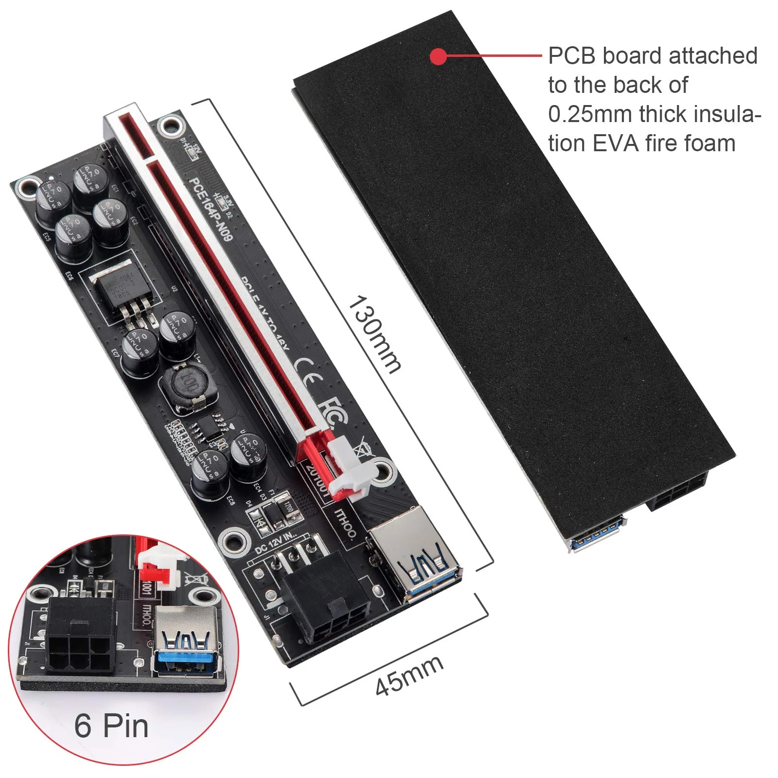 PCI-E 1X to 16X V009S-PLUS Riser Card - Graphics Extension Powered Riser Adapter Card for GPU Mining with 24in USB 3.0 Extension Cable & 6PIN SATA Power Cable(Black-6 Pieces) Black-V009S-PLUS - Image 4