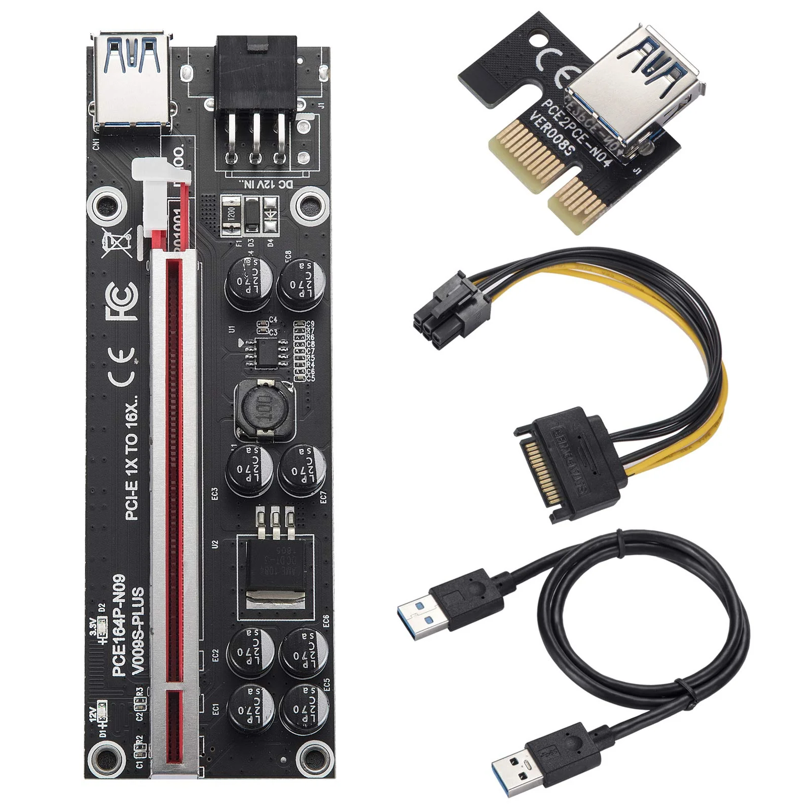 PCI-E 1X to 16X V009S-PLUS Riser Card - Graphics Extension Powered Riser Adapter Card for GPU Mining with 24in USB 3.0 Extension Cable & 6PIN SATA Power Cable(Black-6 Pieces) Black-V009S-PLUS - Image 7