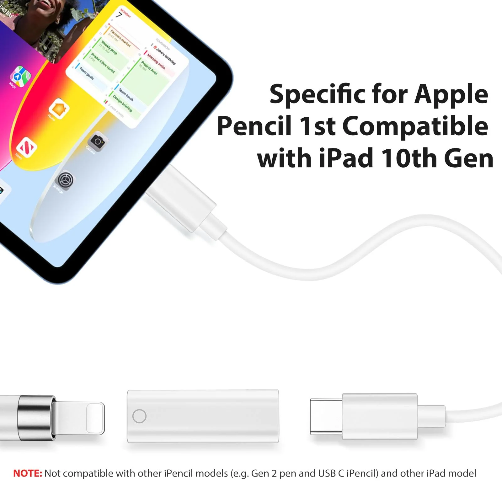Pencil Charger Adapter for Apple Pencil 1st Generation, USB C to for Lightning Adaptor Charging Dongle Connector Accessories Bluetooth Pairing Only for iPad 10th Gen, USB-C to iPencil 1st Gen Adapter 1 Pc - Image 3
