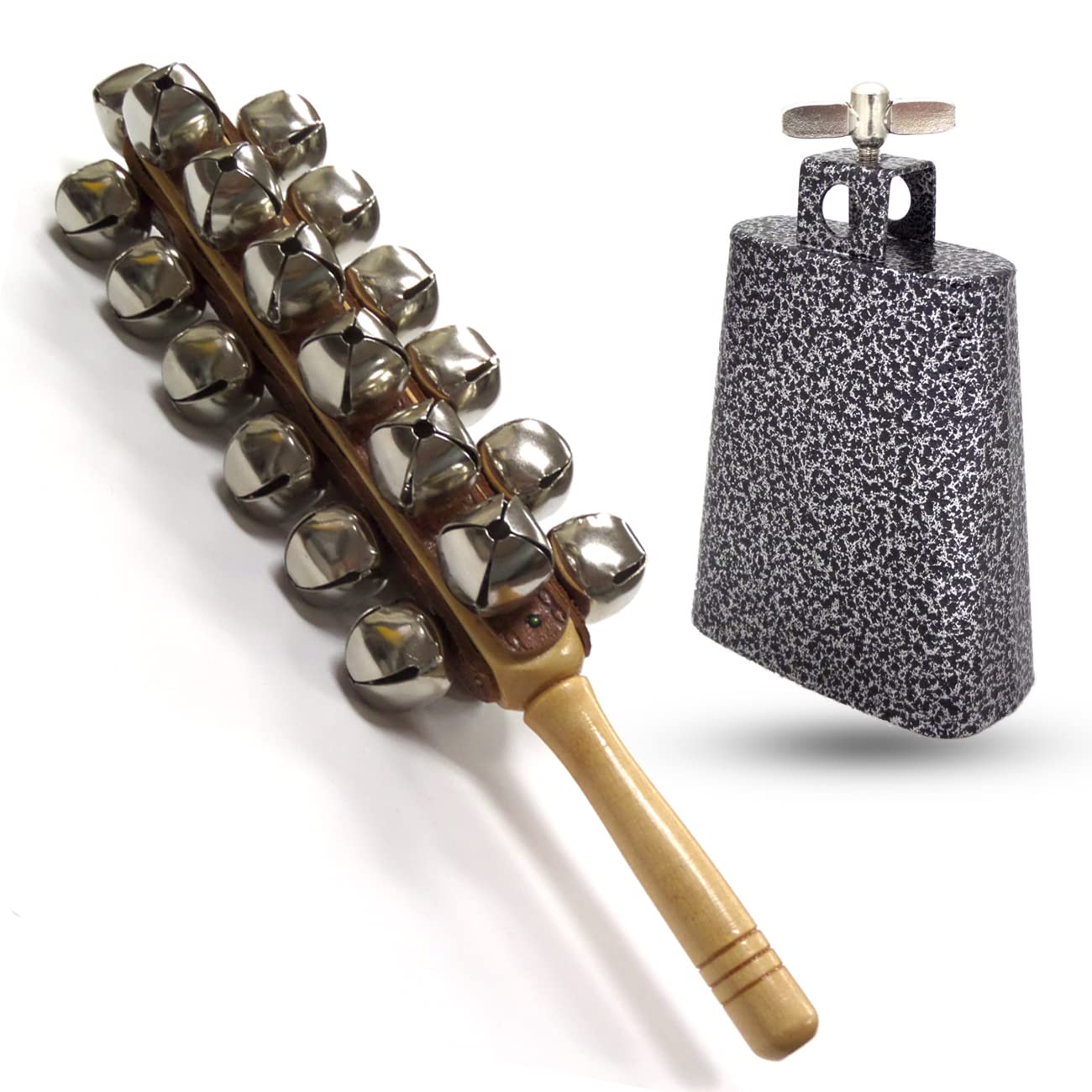 Performance Plus Percussion Kit | Latin Cowbell 5"and 25 Jingle Bells with Maple Handle CB5-SBL25S Christmas (CB6-SBL25)