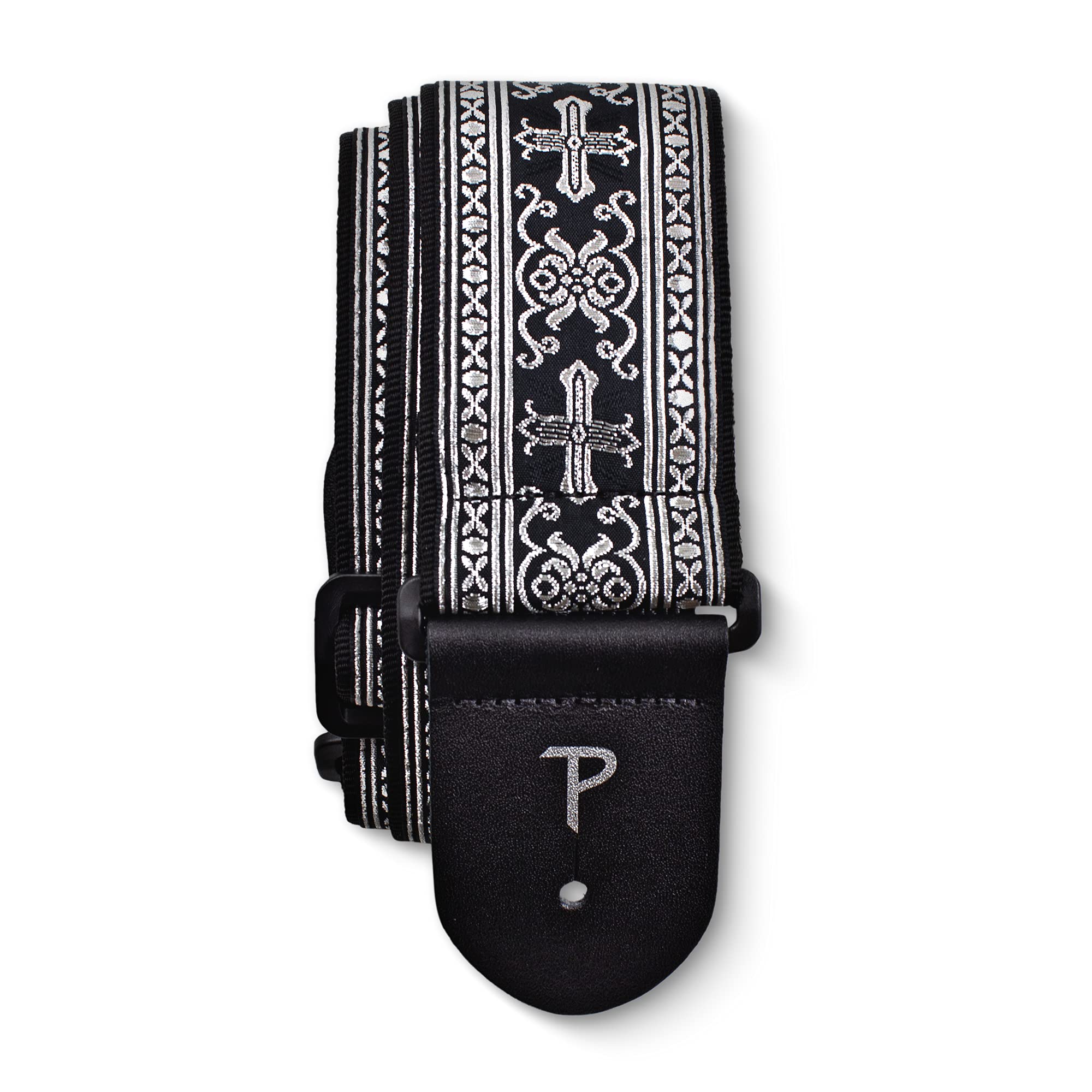 Perri’s Leathers Jacquard Guitar Straps - Adjustable Length 39" to 58", Genuine Leather Ends, Silver Cross Design, Electric, Bass, Acoustic Guitar Strap - Metallic Silver