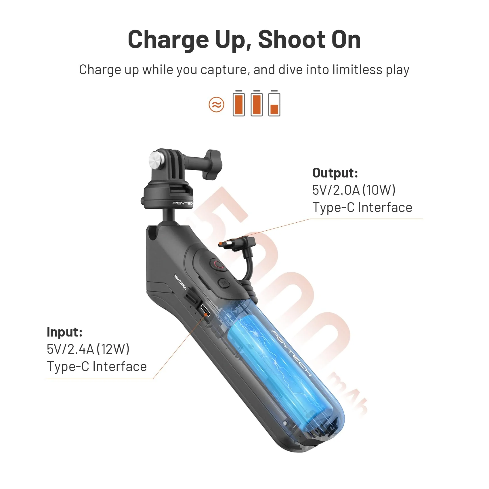 PGYTECH CapLock MantisPod Power, Battery Handle Mount for Gopro, 5000mAh Power Stick for Gopro 12/11/10, Charging Selfie Vlog Attachment Tripod Monopod with CapLock Action Camera and 1/4" Adapter - Image 2